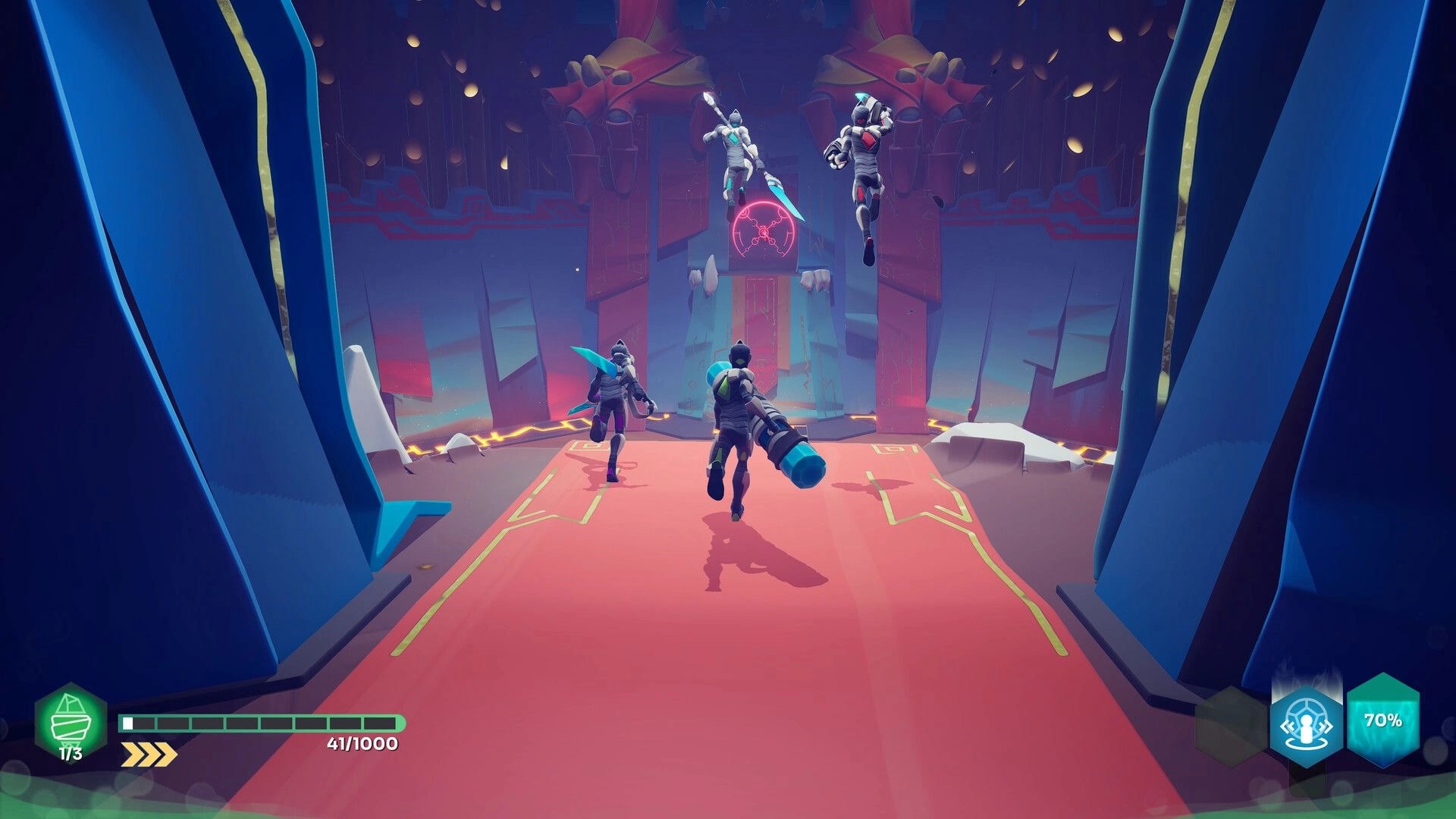 GODBREAKERS: Three players charging towards a futuristic arena entrance with health and ability UI visible.