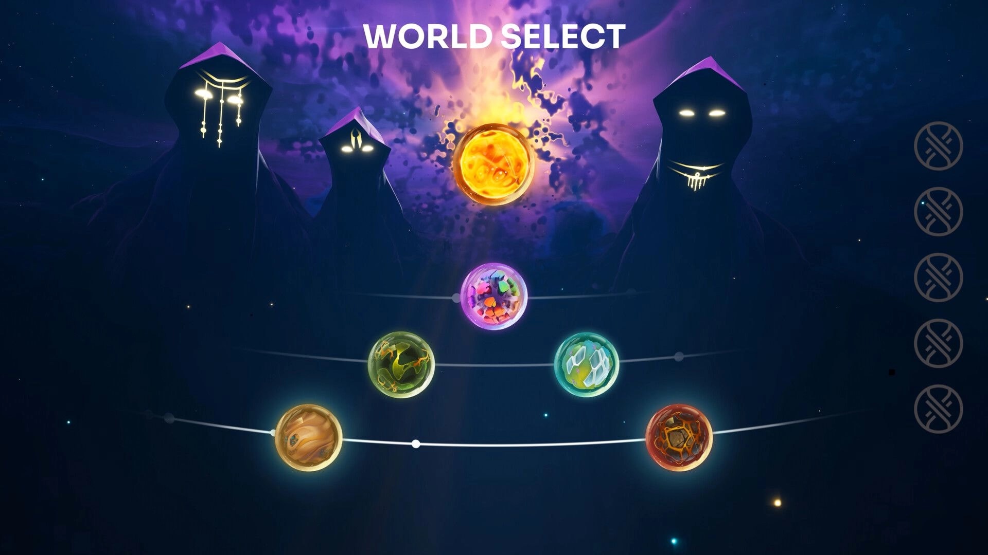 GODBREAKERS: World select screen with mystical orbs and hooded figures in a cosmic background.