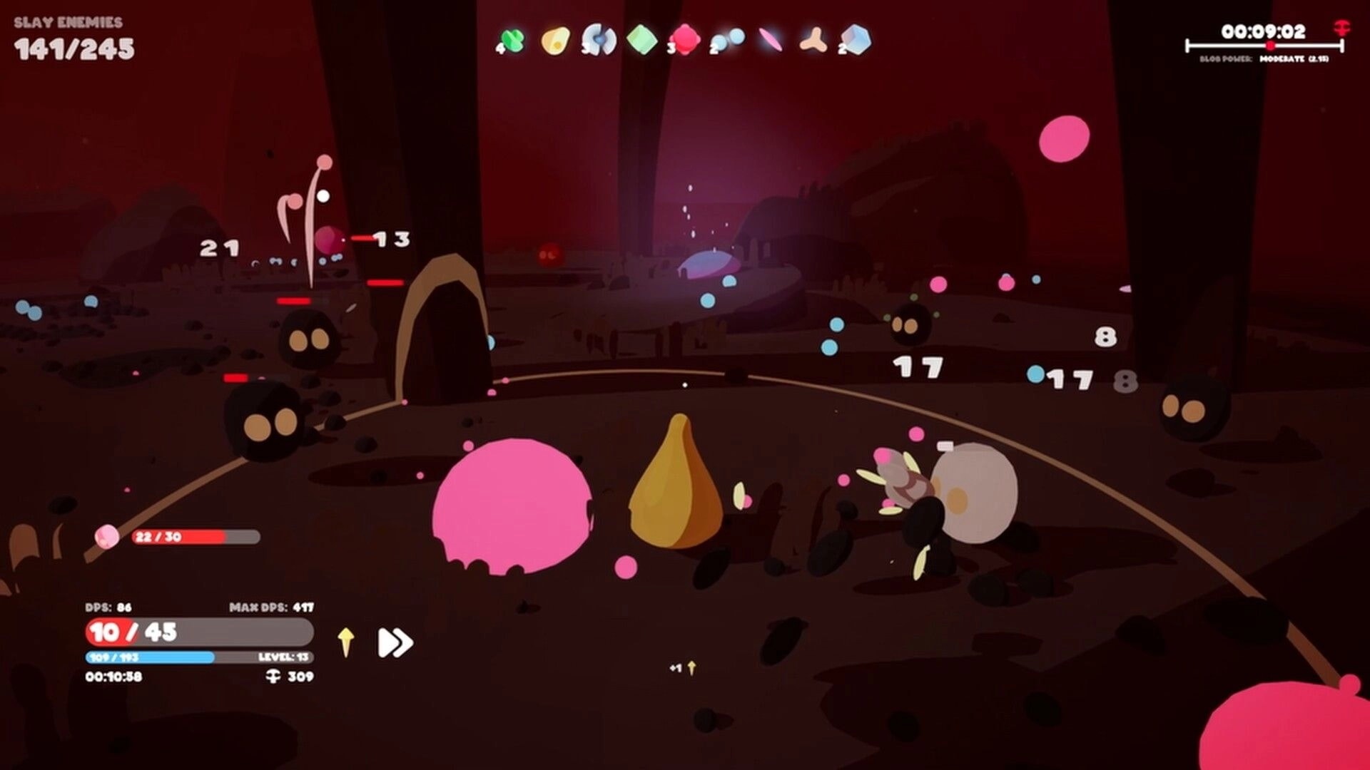 Goobies 2: Pink blob splats shadow enemies with damage numbers in a dark red cavern arena HUD.