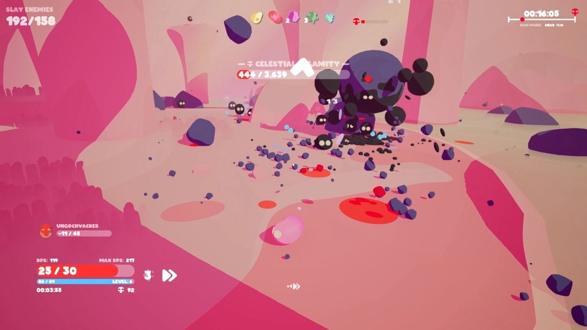 Goobies 2: Blob hero fights a giant shadow monster as enemy blobs swarm in a pink rocky arena.