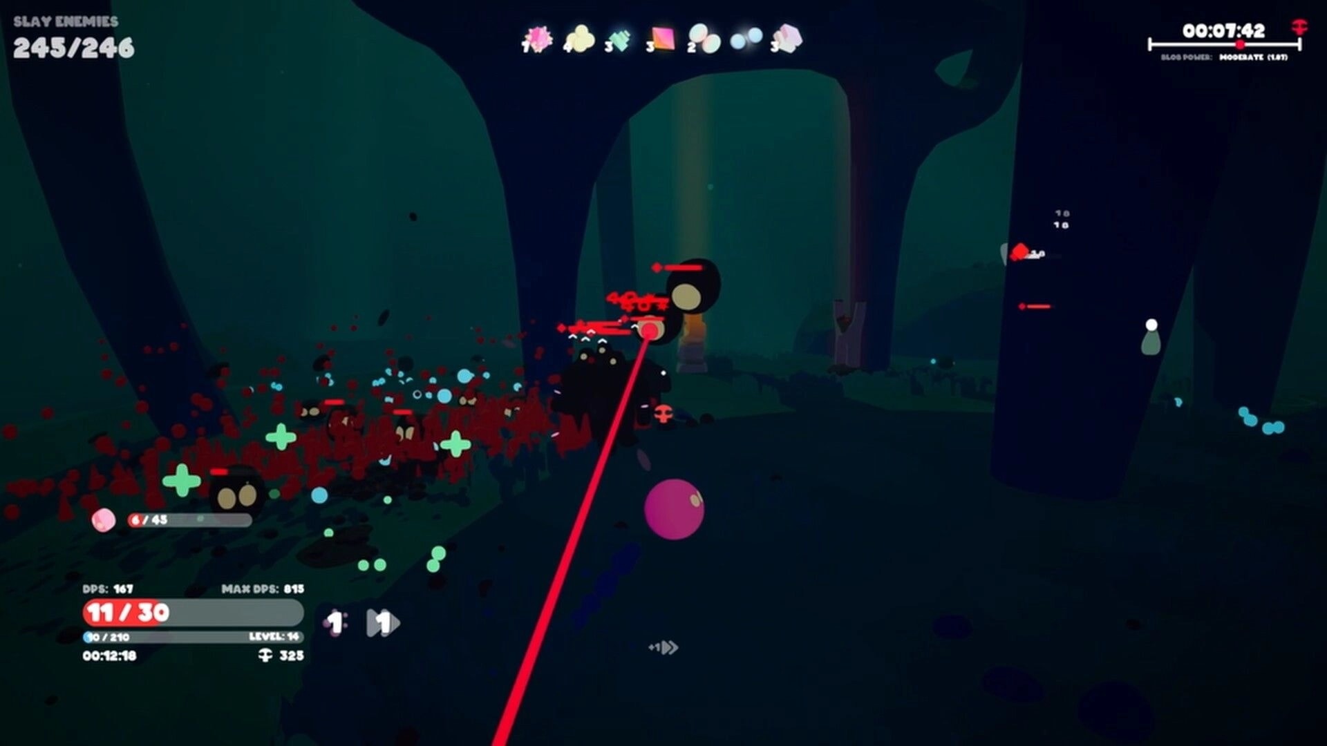 Goobies 2: Blob battle with red laser targeting enemies, Slay Enemies 245/246 UI in dark forest.