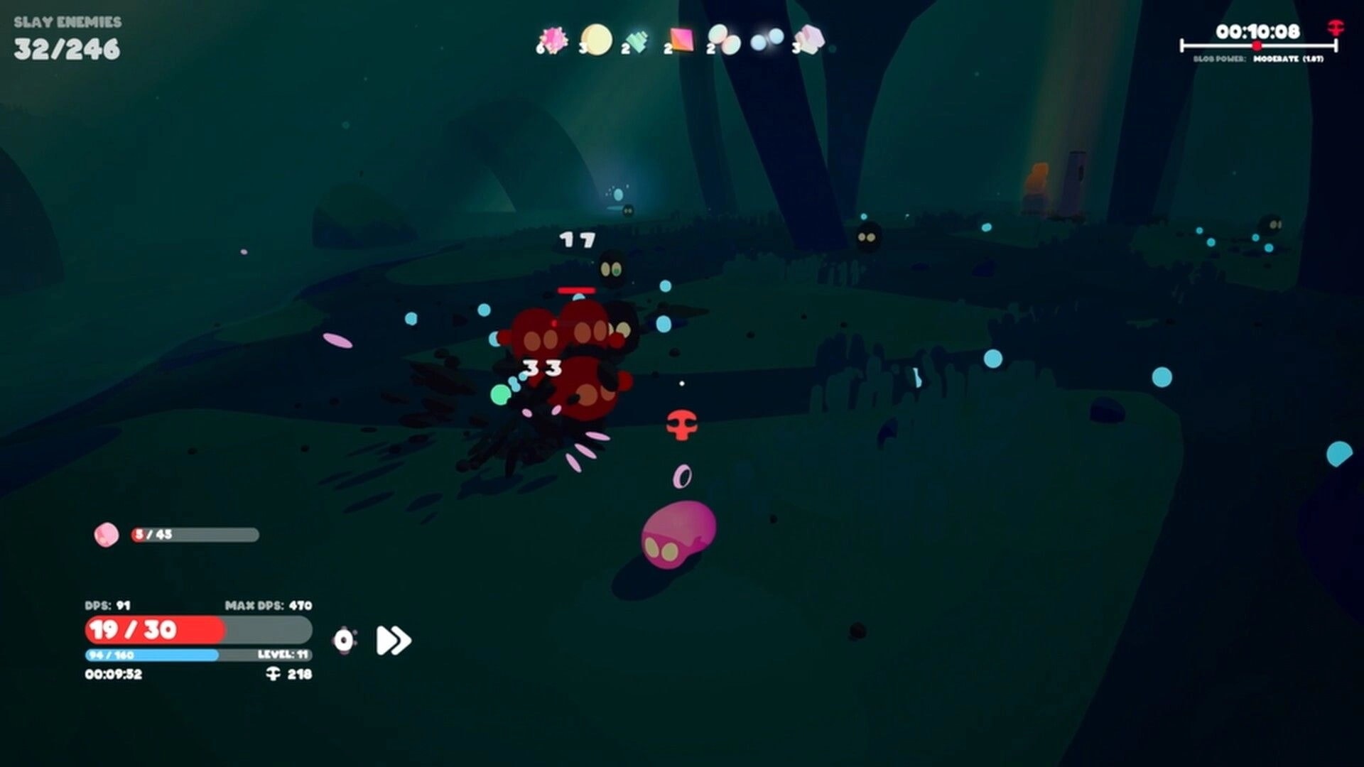 Goobies 2: Pink blob character fights red enemies with damage numbers in a dark forest arena UI.