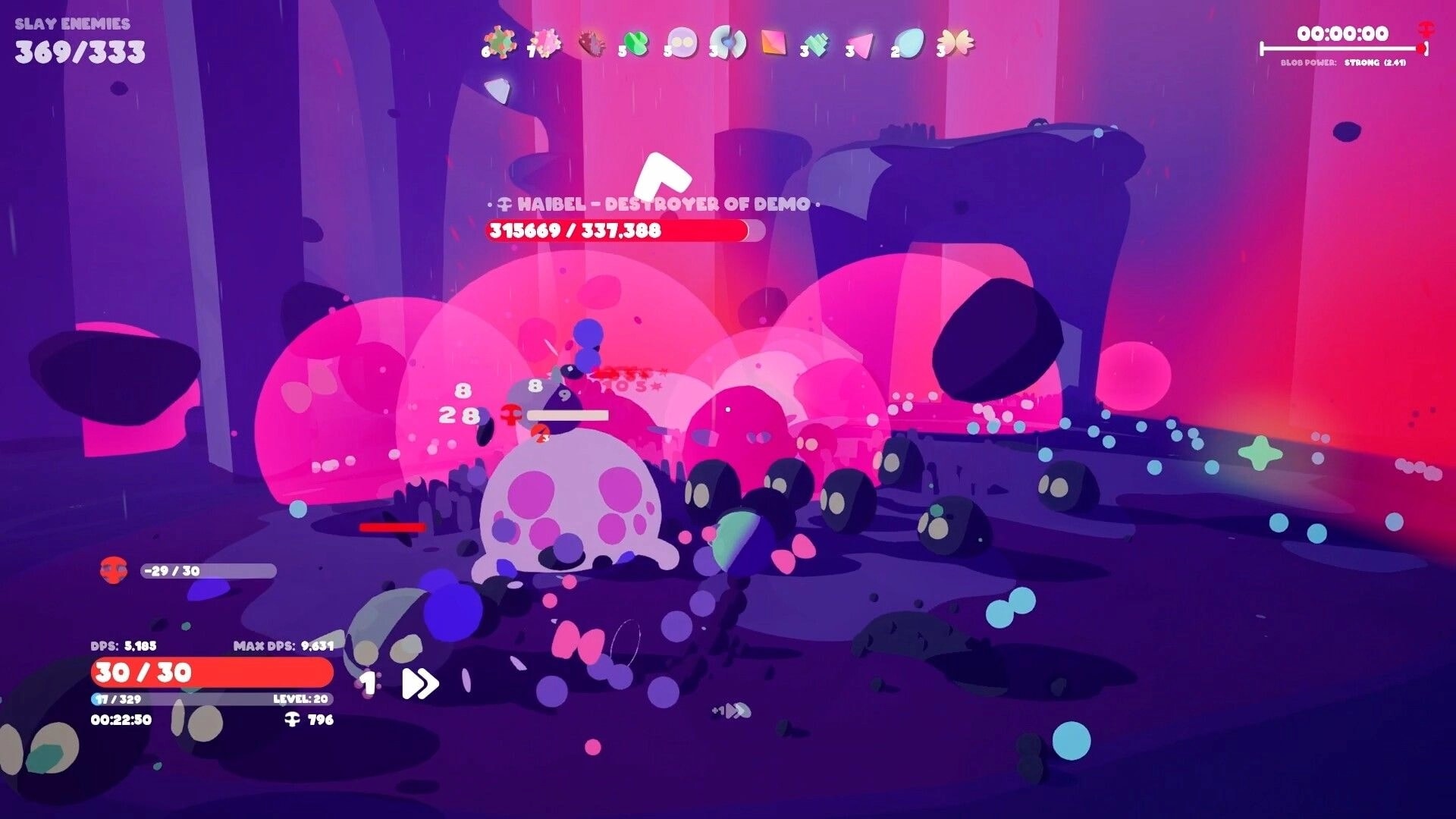 Goobies 2: Boss fight vs Haibel with huge health bar and blob explosions in rainy purple cavern arena.