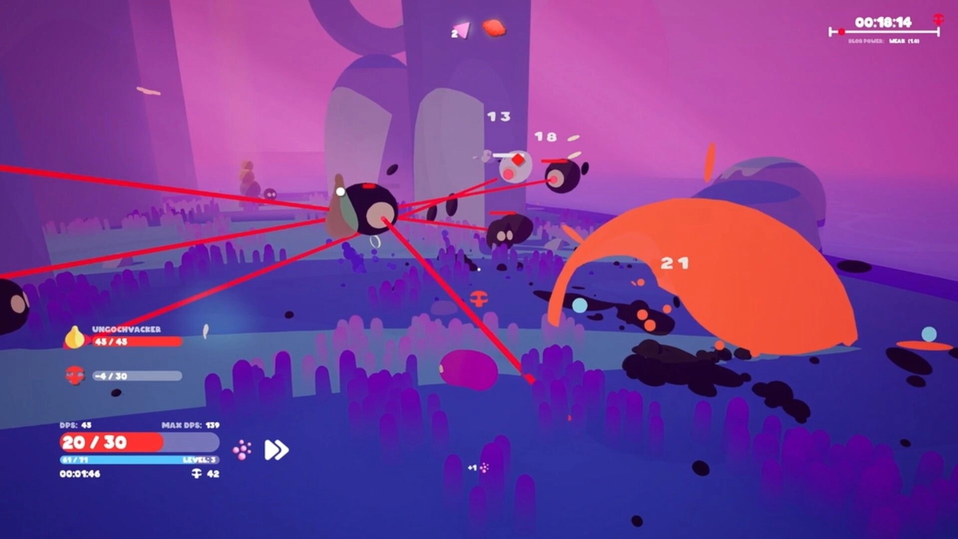 Goobies 2: Laser-linked blob enemies take damage numbers in a purple alien field with HUD stats.