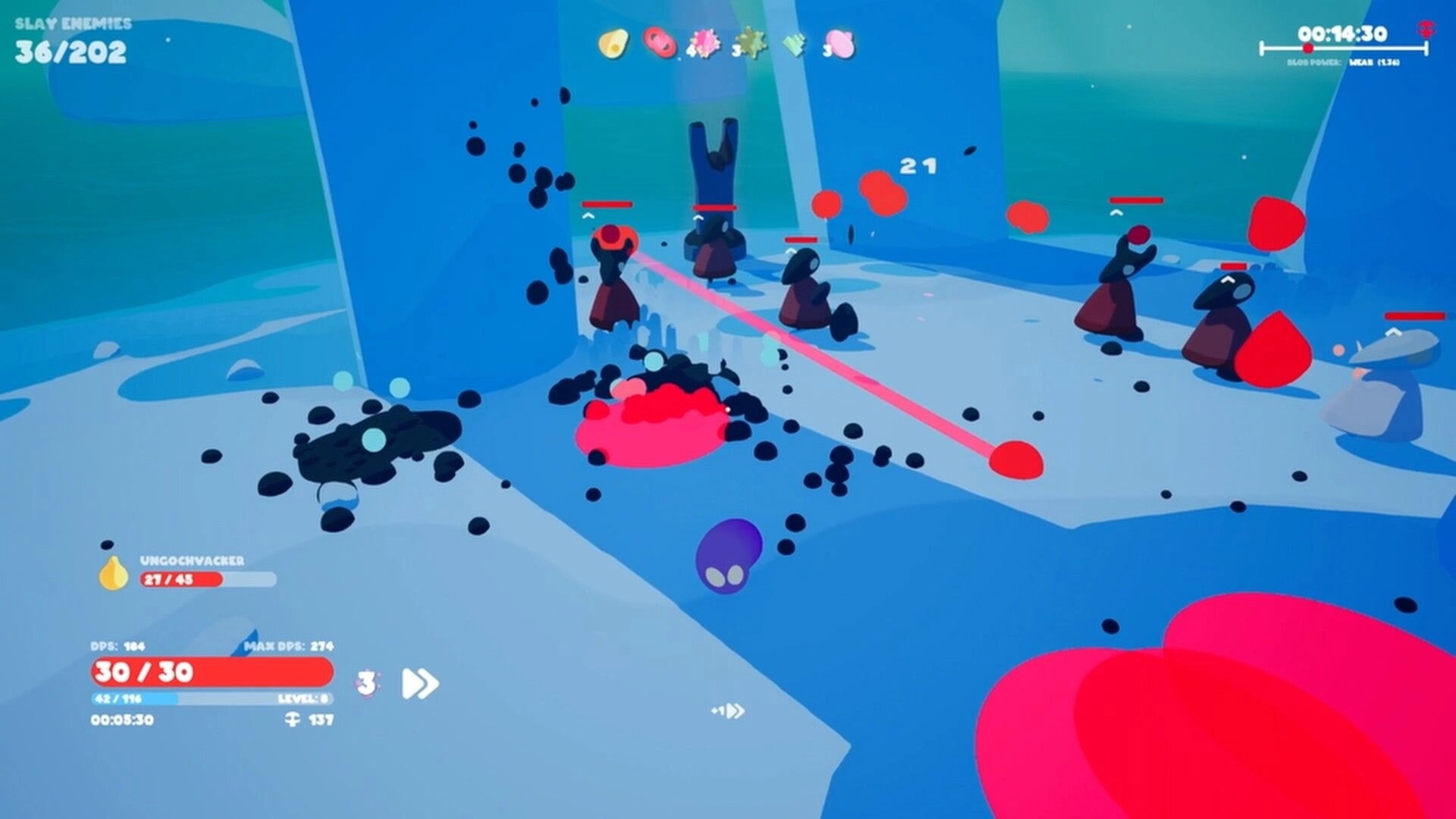Goobies 2: Purple blob fires at hooded enemies with HP bars in a blue icy cavern arena UI.