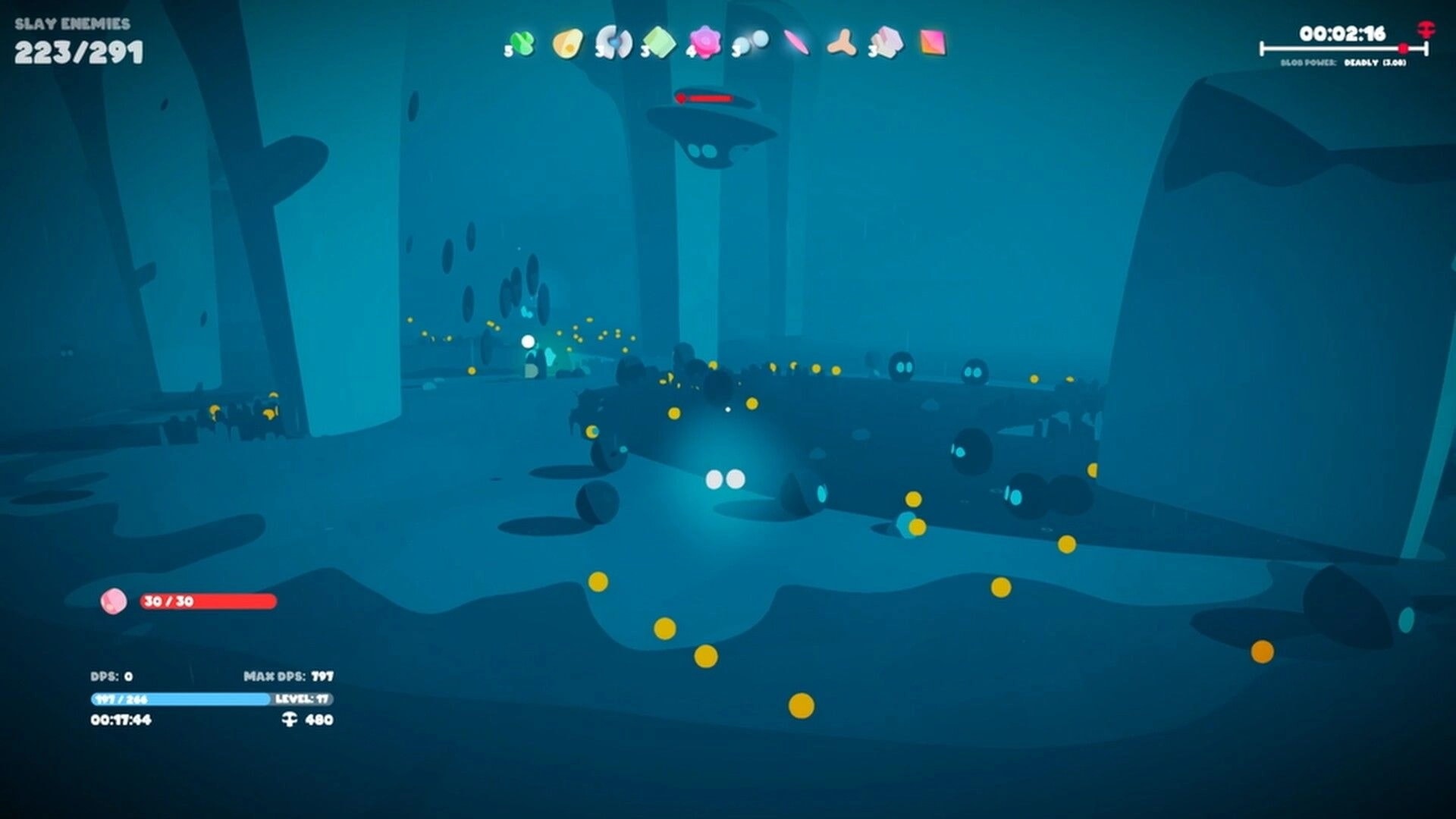 Goobies 2: Blob character amid coin drops and dark enemies in a rainy blue forest arena with HUD.