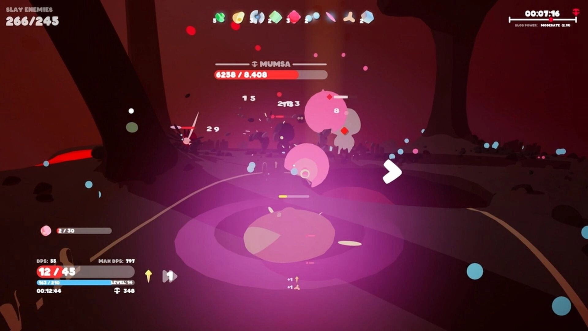 Goobies 2: Boss fight vs Mumsa with huge health bar and damage numbers in a dark cavern arena UI.