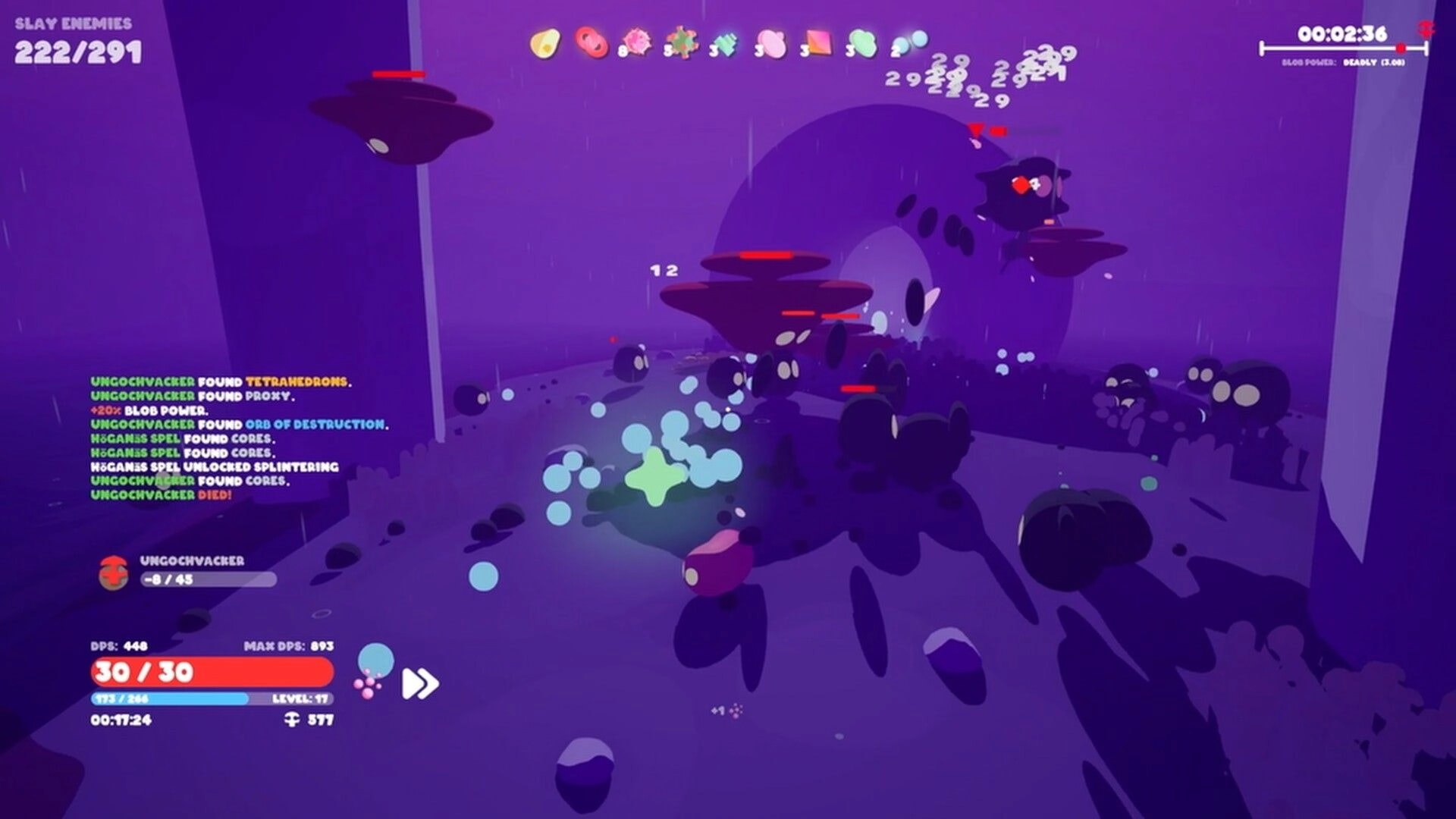 Goobies 2: Blob combat with damage numbers and kill counter in a purple rainy alien forest arena.