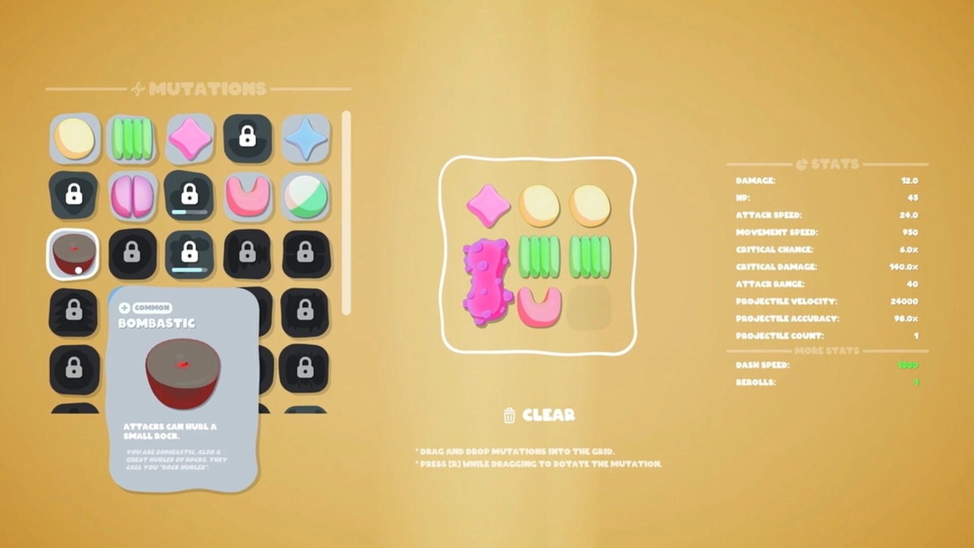 Goobies 2: Mutations loadout menu with locked icons, Bombastic card, and stats panel on tan screen.