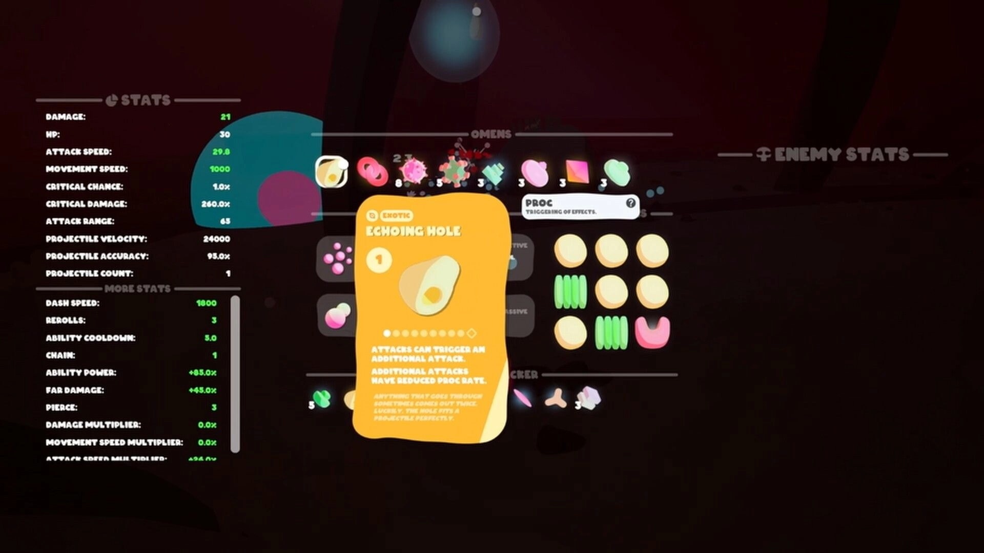 Goobies 2: Stats and omens menu open with Echoing Hole card tooltip over dark background.