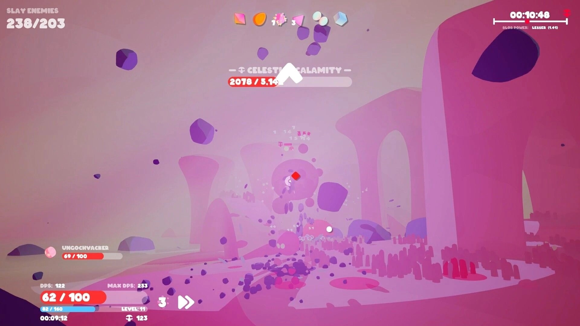 Goobies 2: Pink blob character battling Celestial Calamity boss in a pastel cavern with HUD stats.