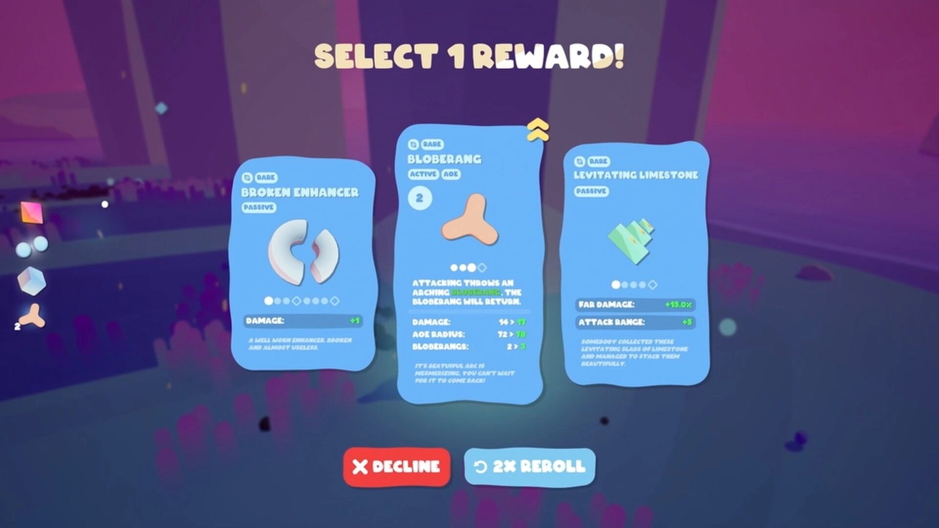 Goobies 2: Select 1 Reward menu with three upgrade cards over a purple forest arena backdrop.