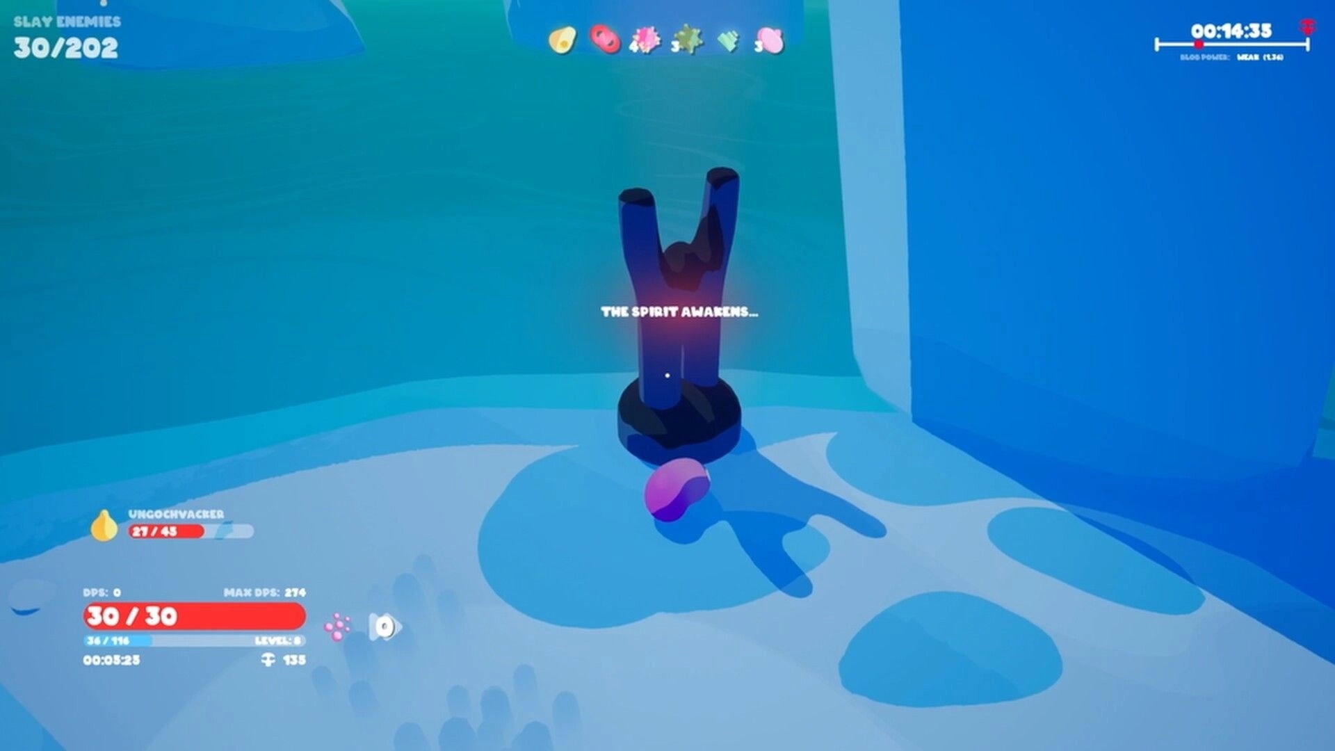 Goobies 2: Blob faces a dark spirit statue with “THE SPIRIT AWAKENS...” in a blue room UI HUD.