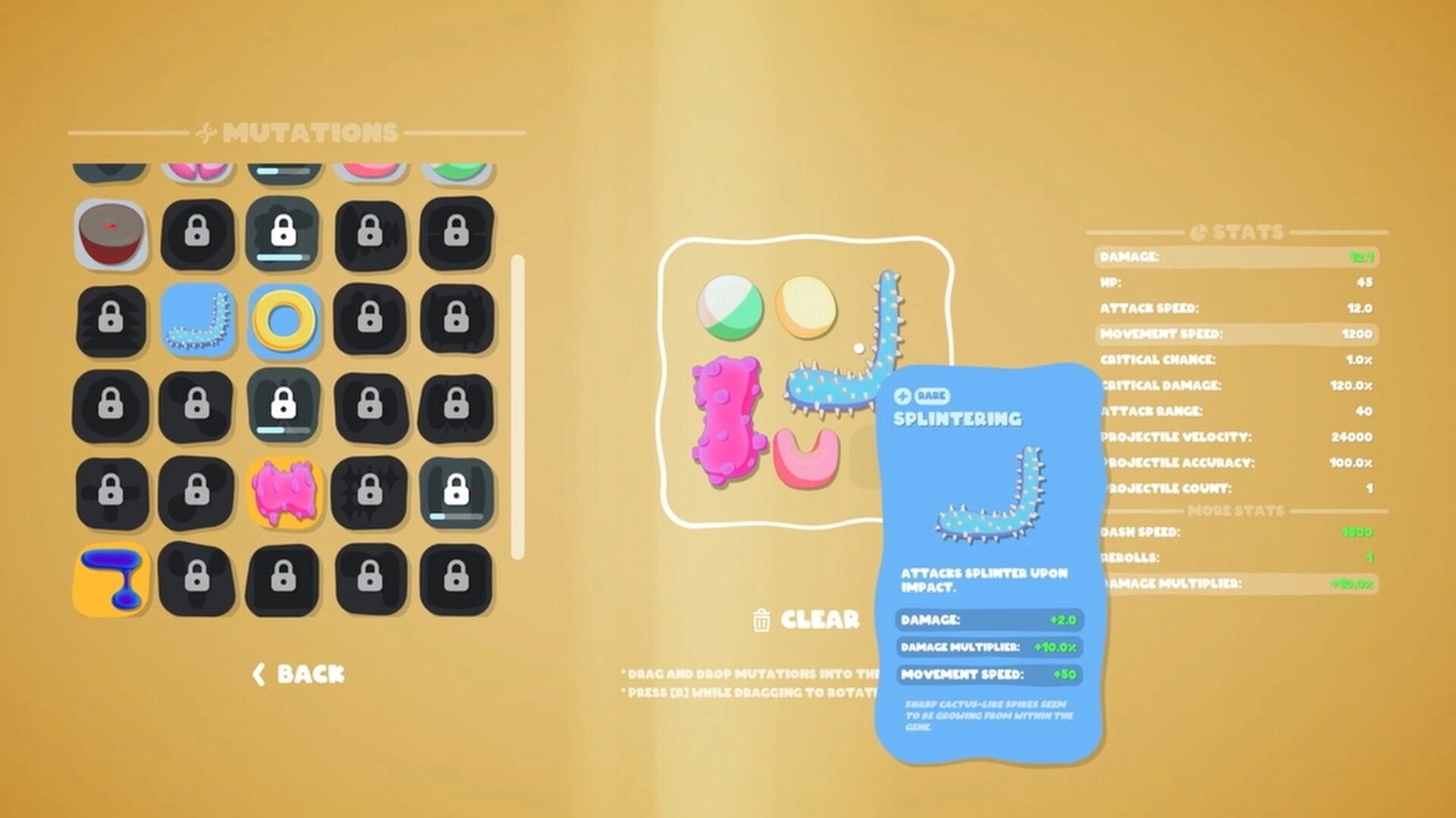 Goobies 2: Mutations menu with locked icons and Splintering tooltip, stats panel on tan screen.