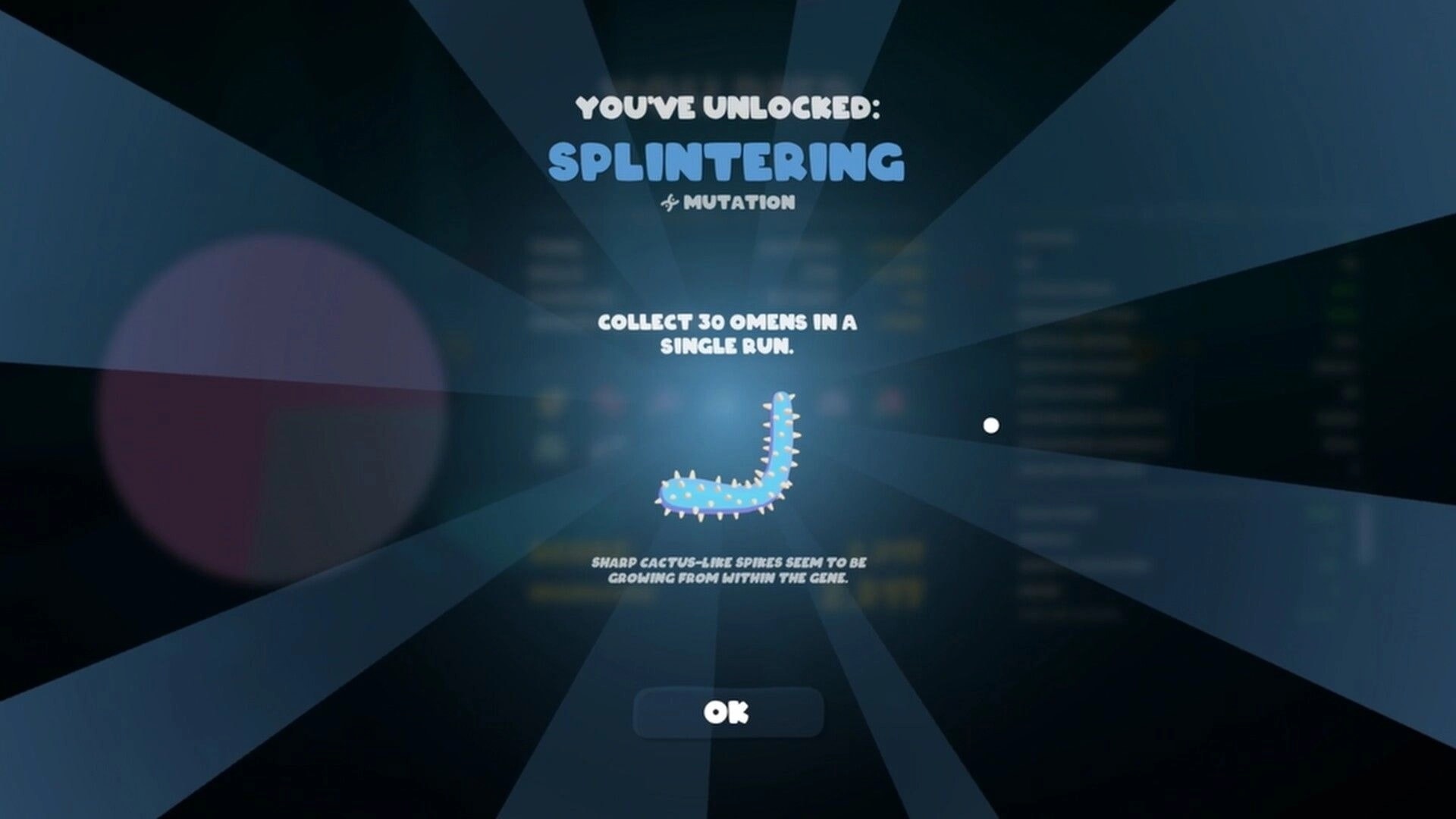 Goobies 2: Unlock popup for Splintering mutation with spiky blue worm icon on dark radial UI backdrop.