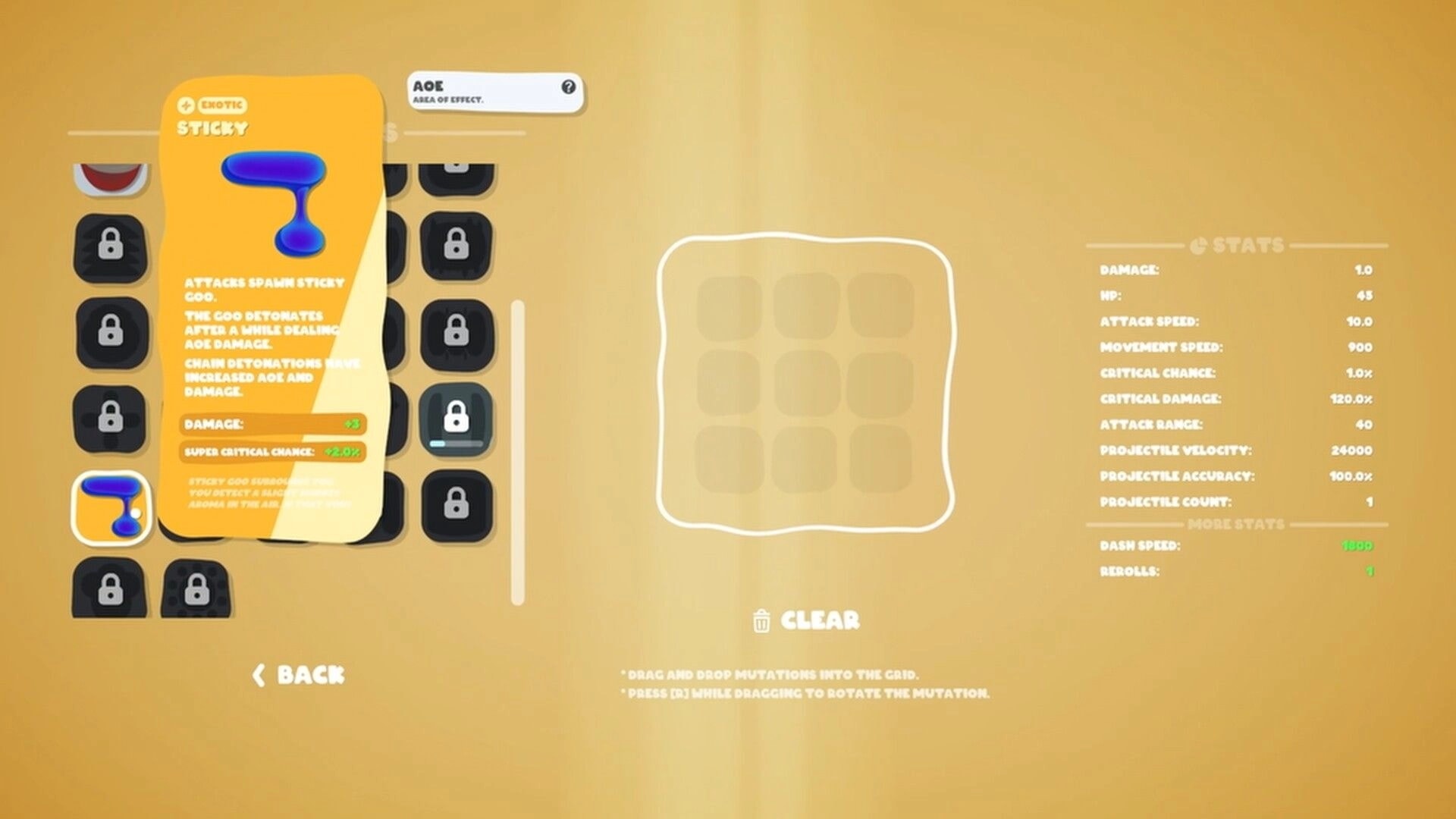 Goobies 2: Mutation grid menu with Sticky AOE card and stats list on a tan UI background.