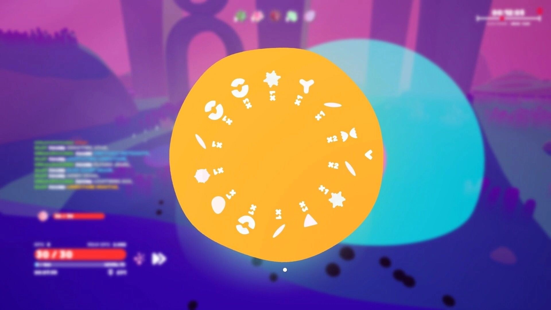 Goobies 2: Ability upgrade wheel over a giant orange blob in a purple forest arena with HUD stats.