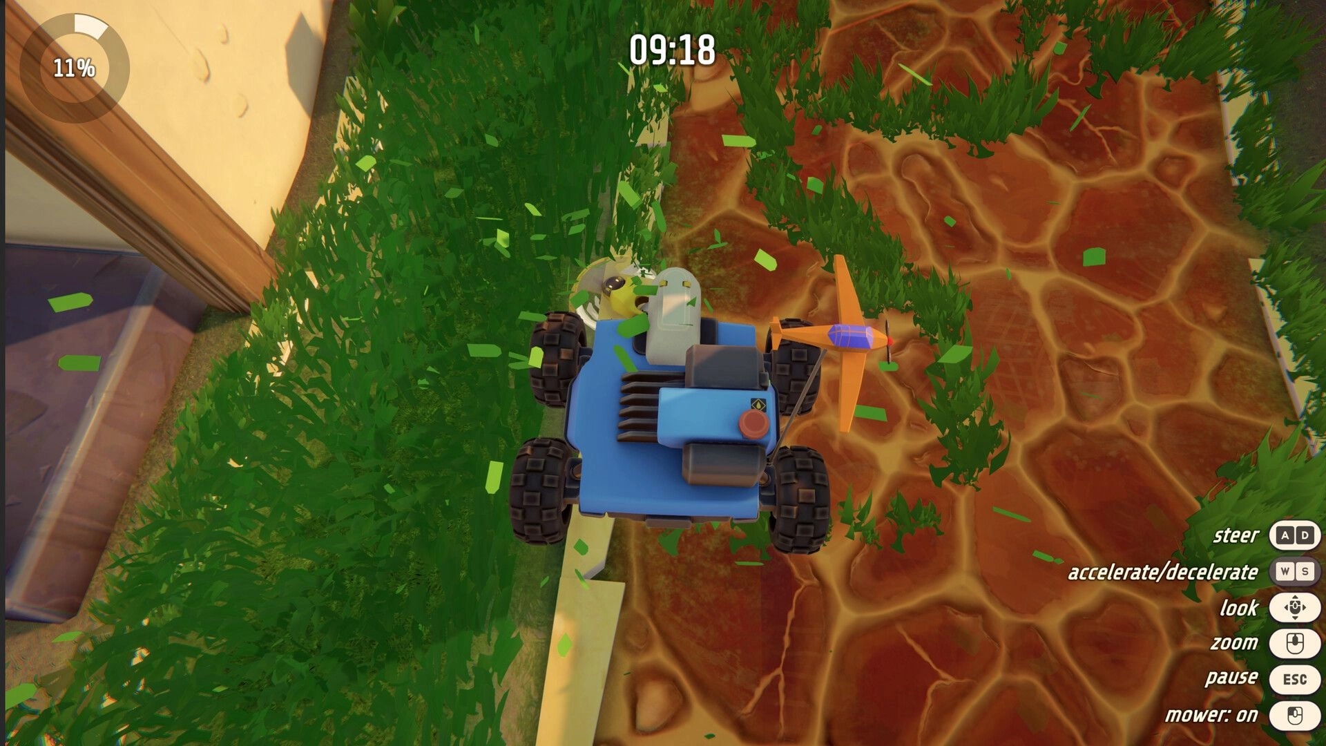 Grass: Top-down mower trimming tall grass beside a stone path, with timer and control hints UI.