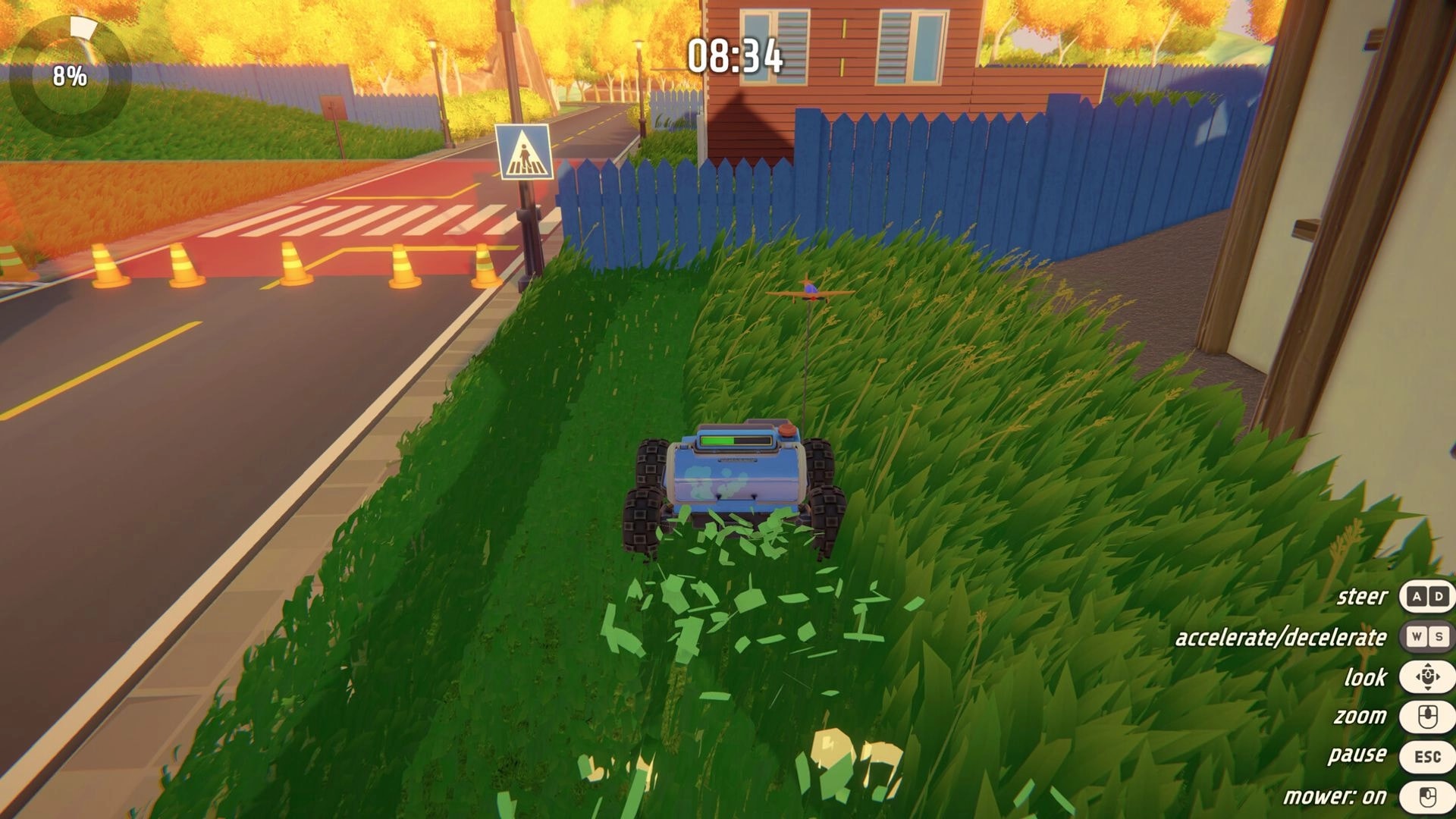 Grass: Remote mower cutting tall grass beside blue fence by road, timer 08:34 and controls UI visible.