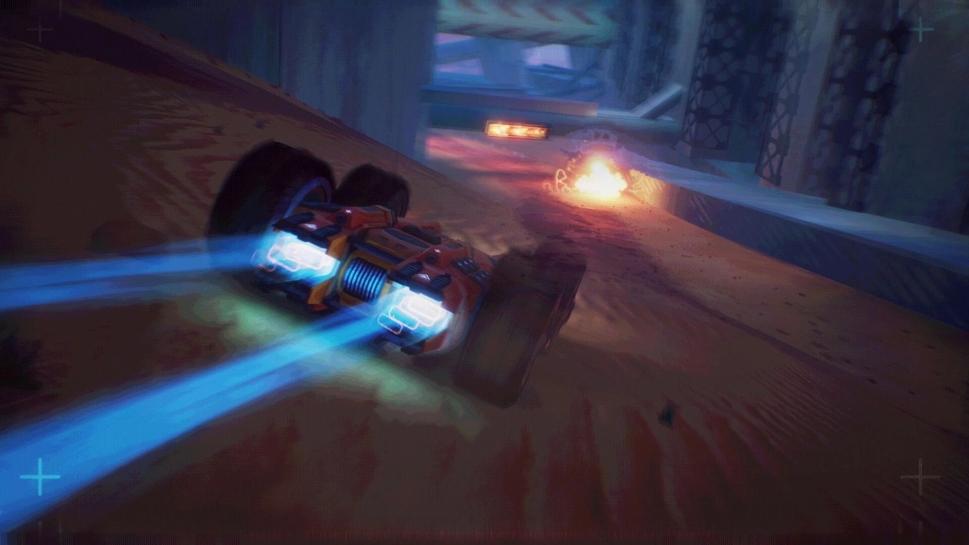 GRIP XR: Rocket-boosted car drifts along a curved tunnel wall as an explosion flares ahead on track.