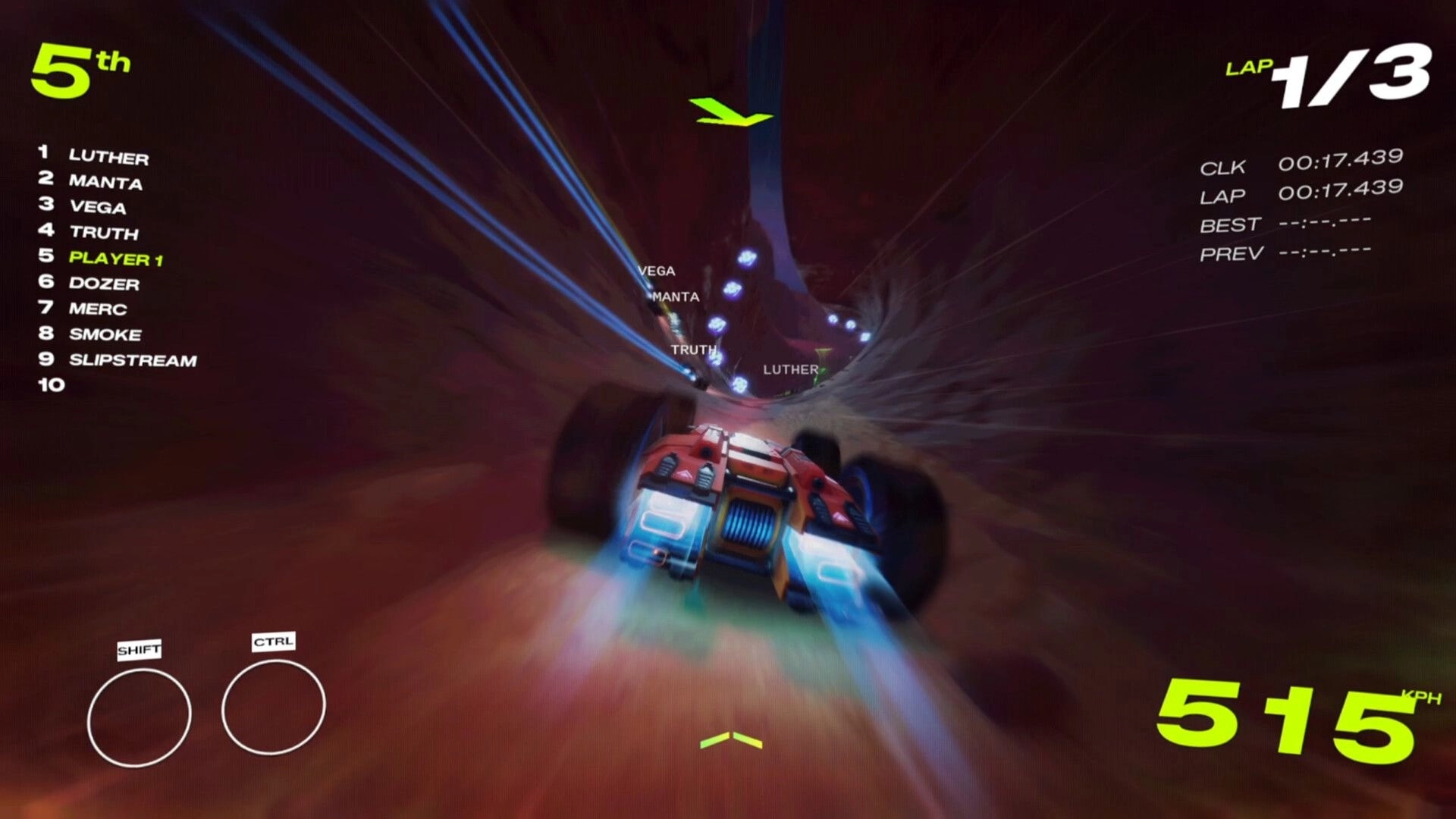 GRIP XR: Player in 5th boosts through a rocky tunnel, HUD shows lap 1/3 and 515 KPH speed.