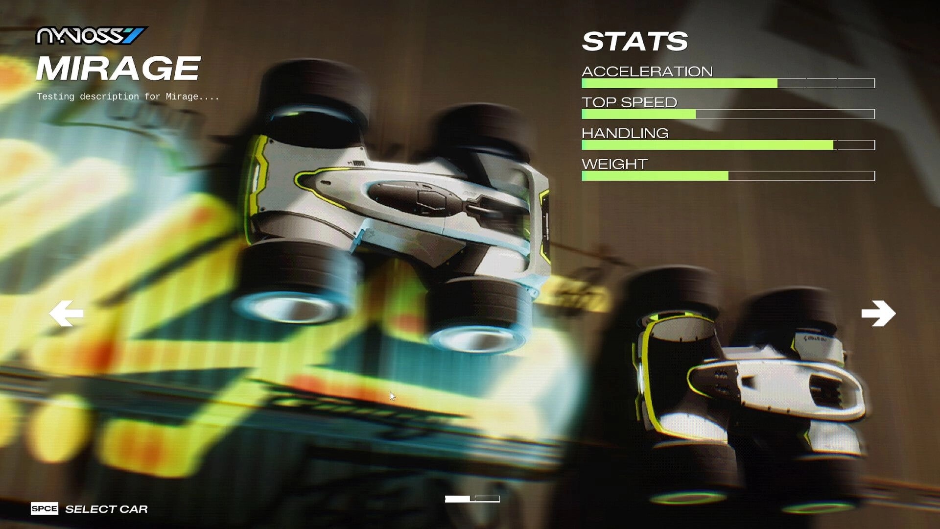GRIP XR: Mirage car selection screen with vehicle preview and acceleration, speed, handling stats bars.