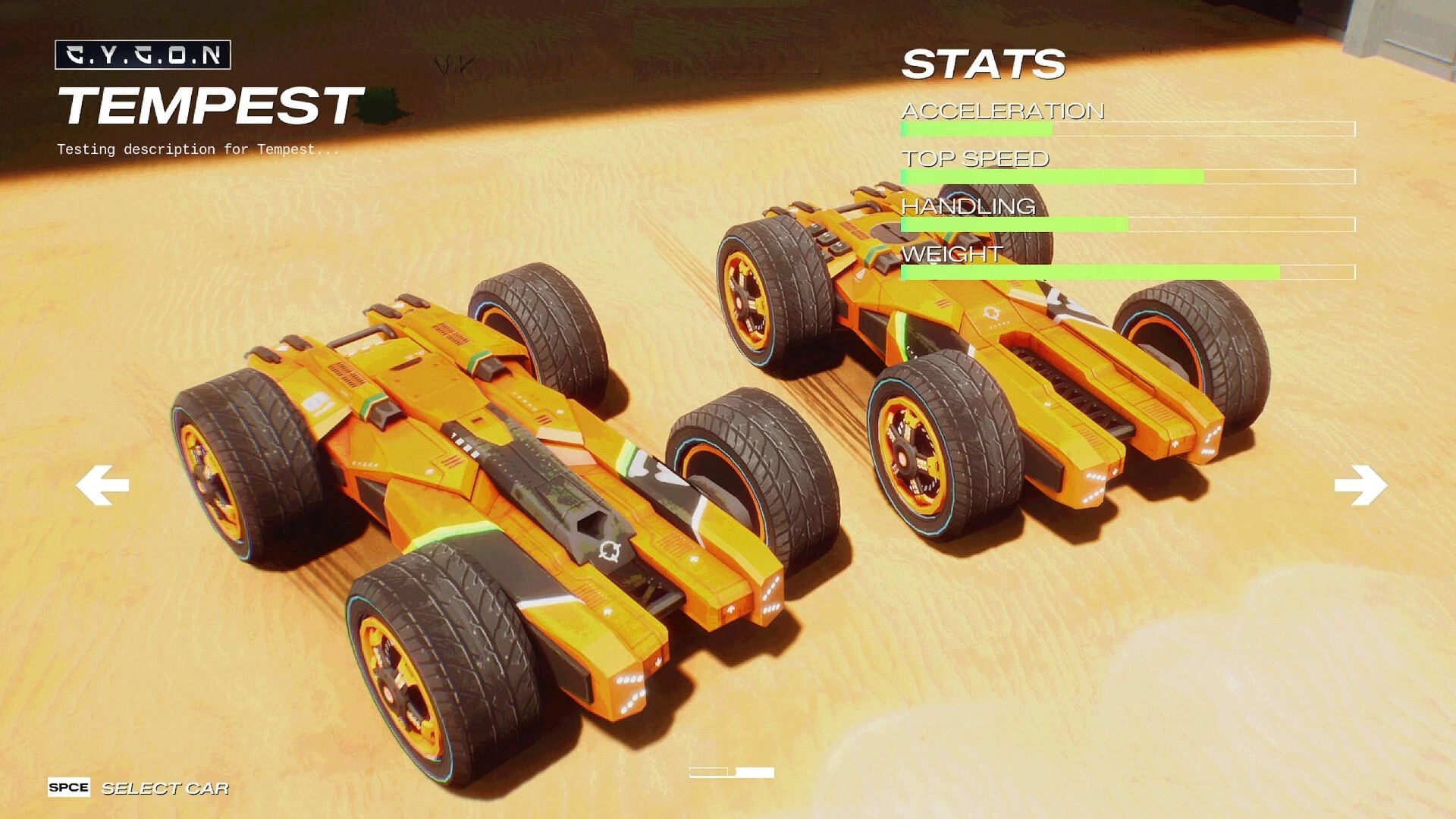 GRIP XR: Tempest car selection menu with two orange racers on sand and stat bars for speed.