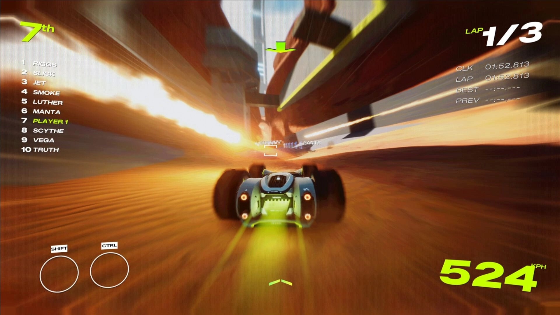 GRIP XR: Car speeds through tunnel at 524 KPH, 7th place HUD and lap 1/3 timer visible.