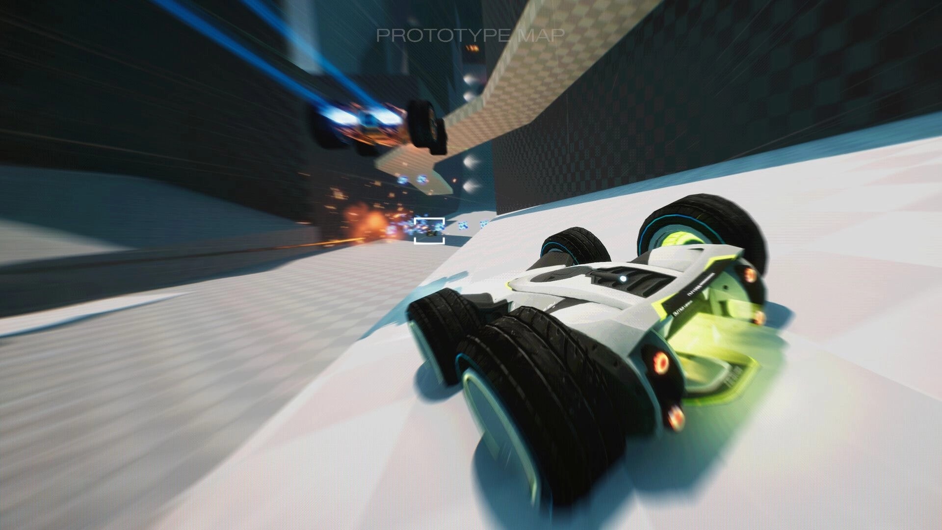 GRIP XR: Hover car drifting on banked prototype track with targeting reticle, explosions ahead in tunnel.