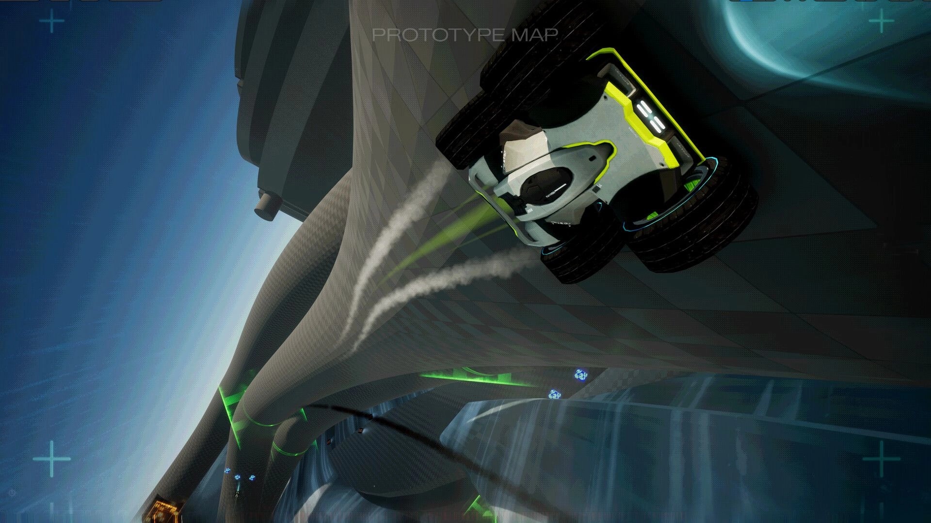 GRIP XR: Futuristic race car wall-riding a curved track with smoke trails in prototype map arena.