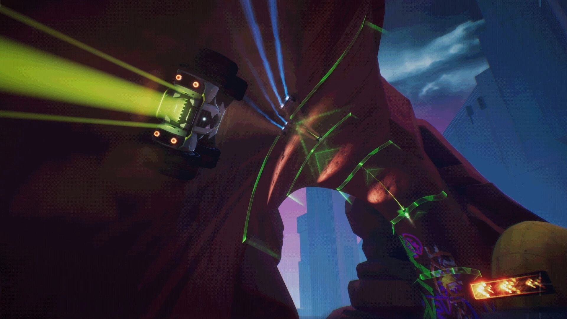 GRIP XR: Rocket car wall-riding with green boost trails inside a canyon tunnel with neon shards.