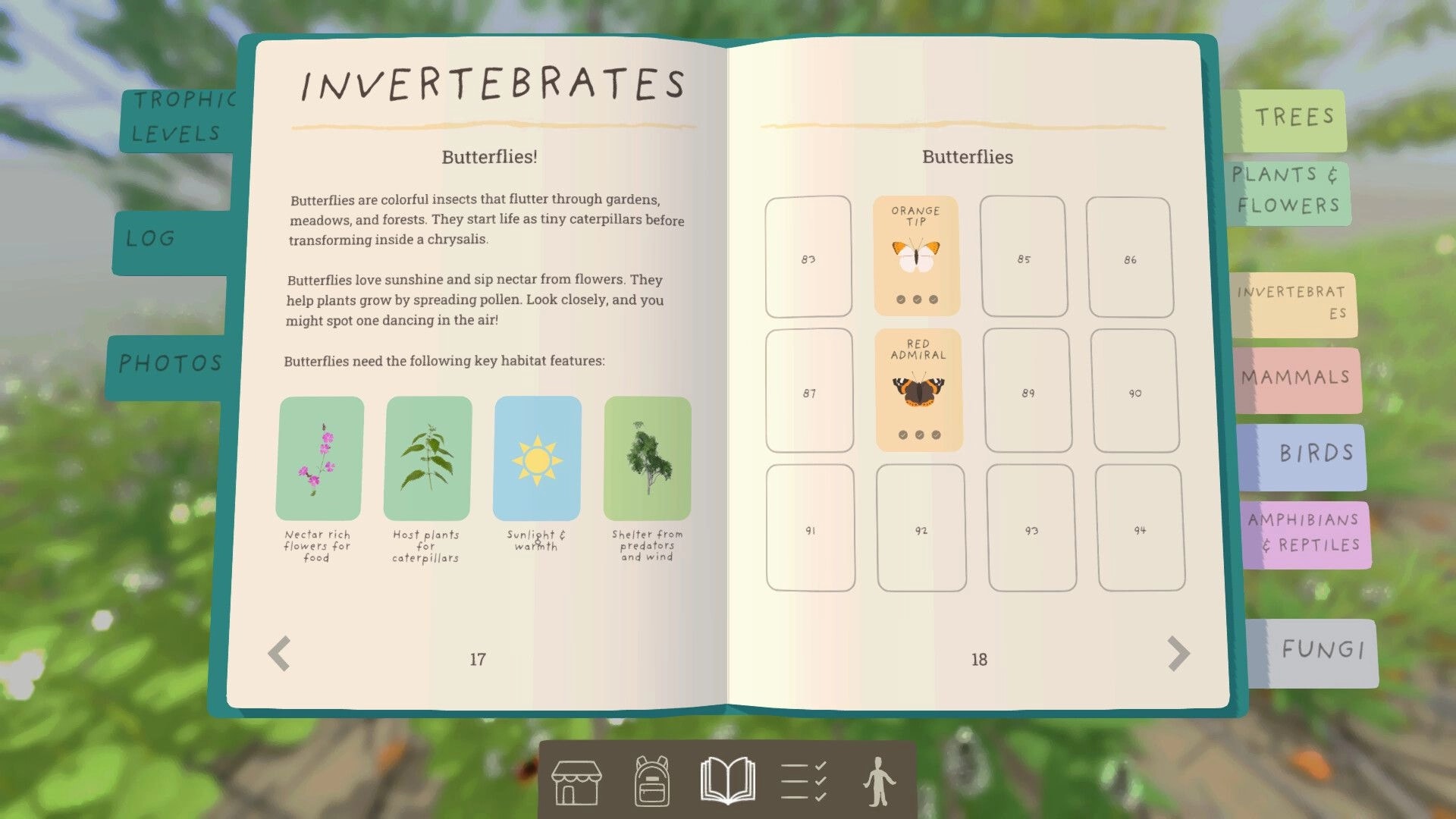 Grow Wild: Invertebrates logbook open to Butterflies page with habitat icons and card grid UI.