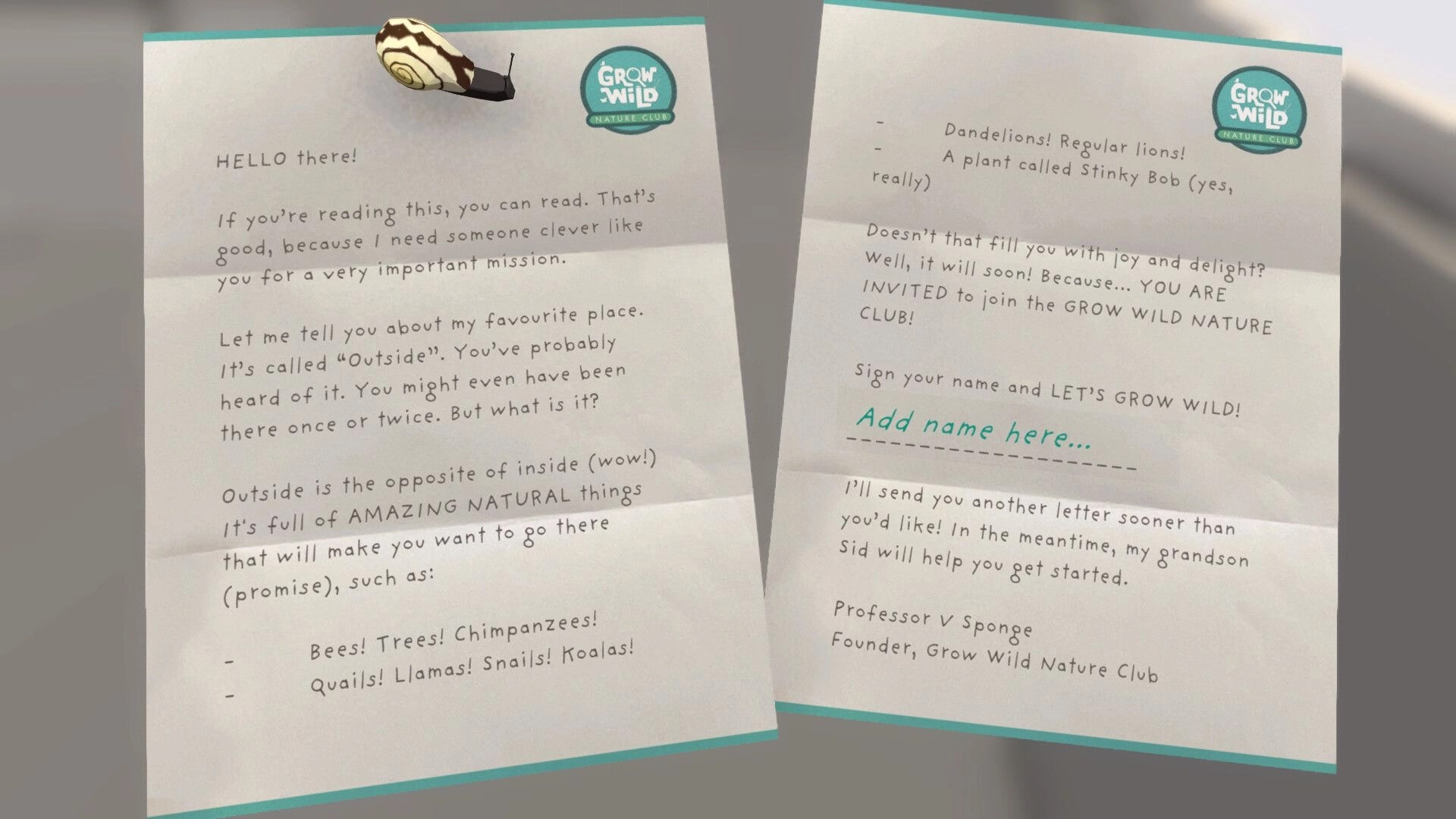 Grow Wild: Welcome letter UI inviting you to the Nature Club, with name entry line on paper pages.