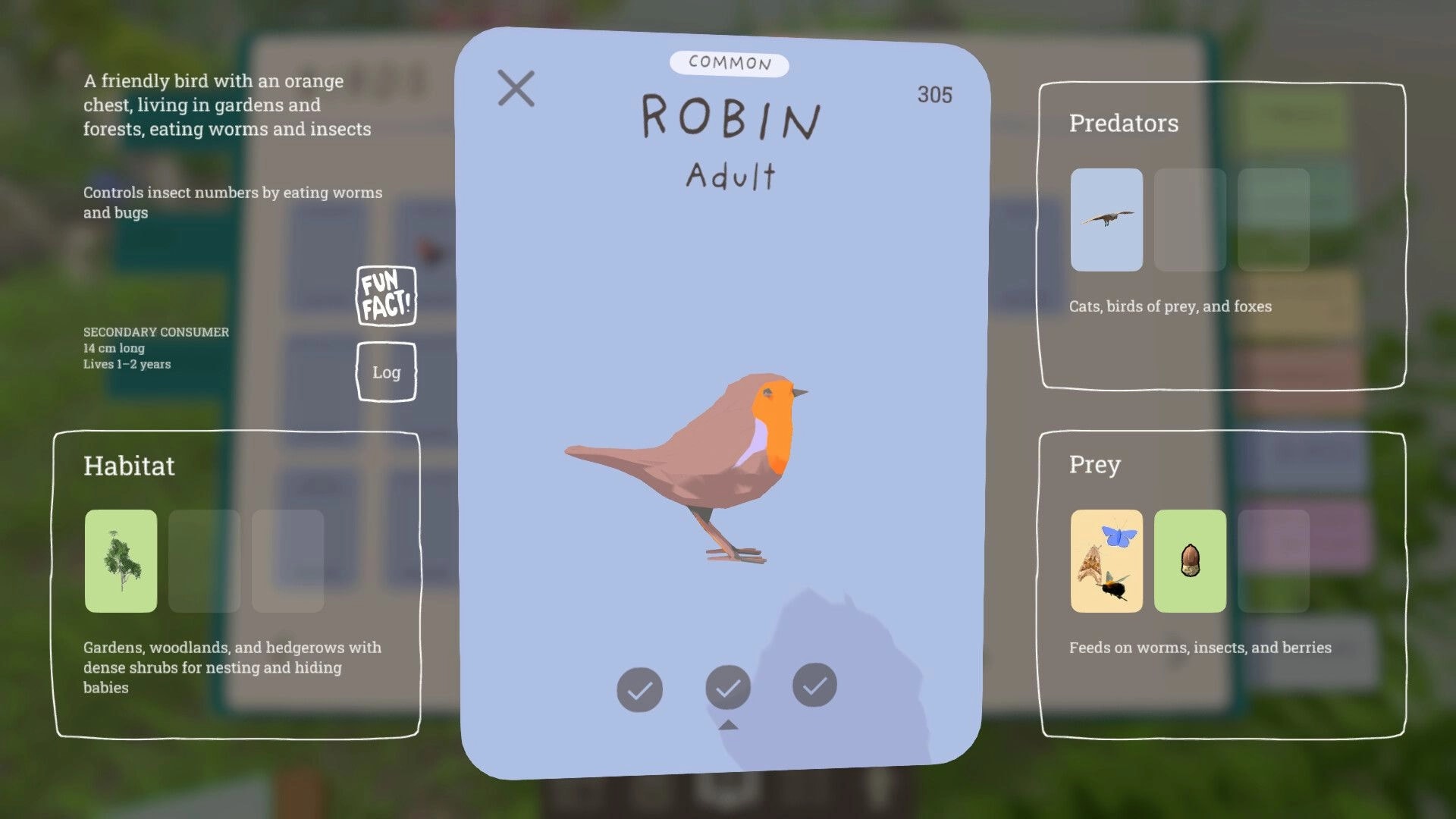 Grow Wild: Robin info card with habitat, predators, and prey panels over a blurred garden map.