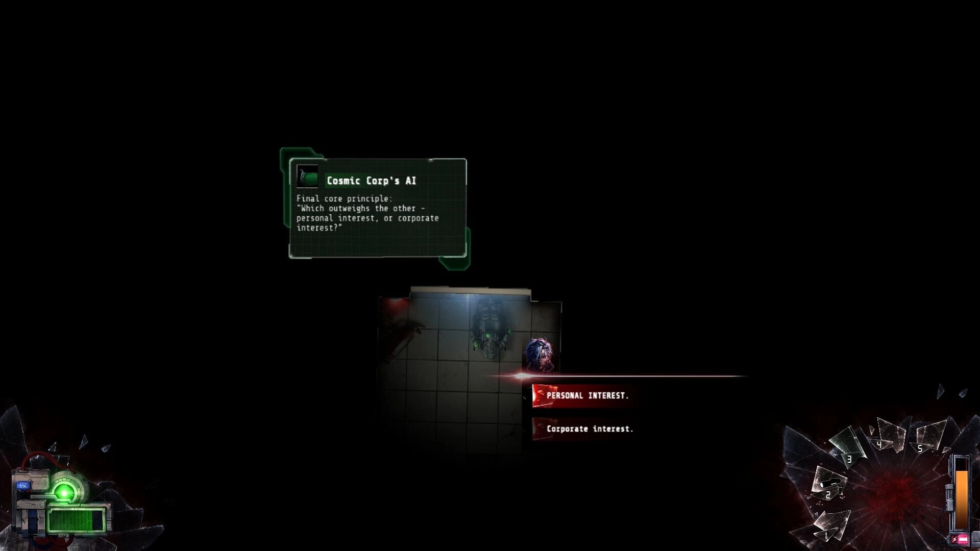 Half Left: Dialogue choice with Cosmic Corp's AI prompt over dark lab corridor and HUD shards.