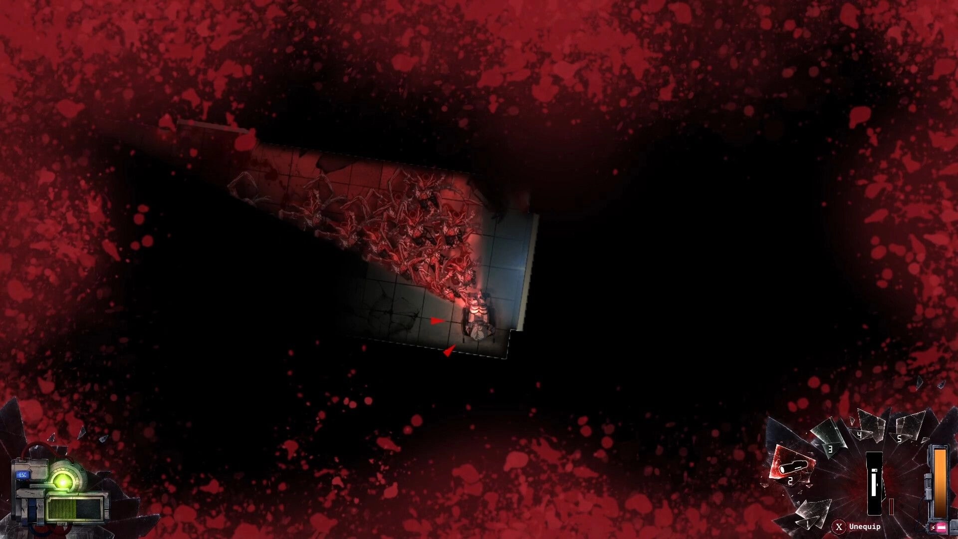 Half Left: Top-down view of wheelchair character near fleshy growth in dim corridor, blood vignette UI.