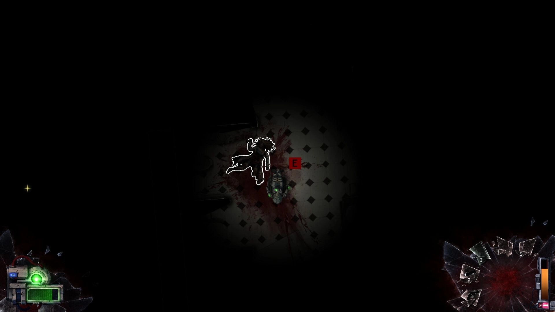Half Left: Top-down player beside a bloodied corpse prompt E on tiled lab floor in darkness.