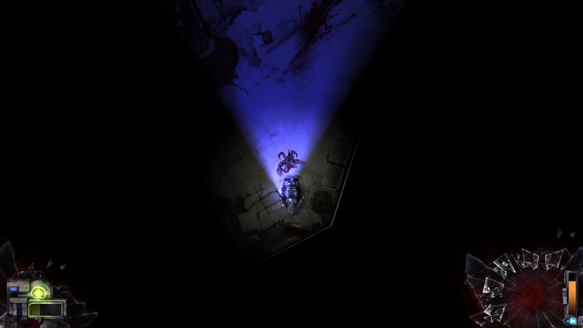 Half Left: Top-down flashlight beam over a corpse in dark lab corridor with cracked HUD edges.