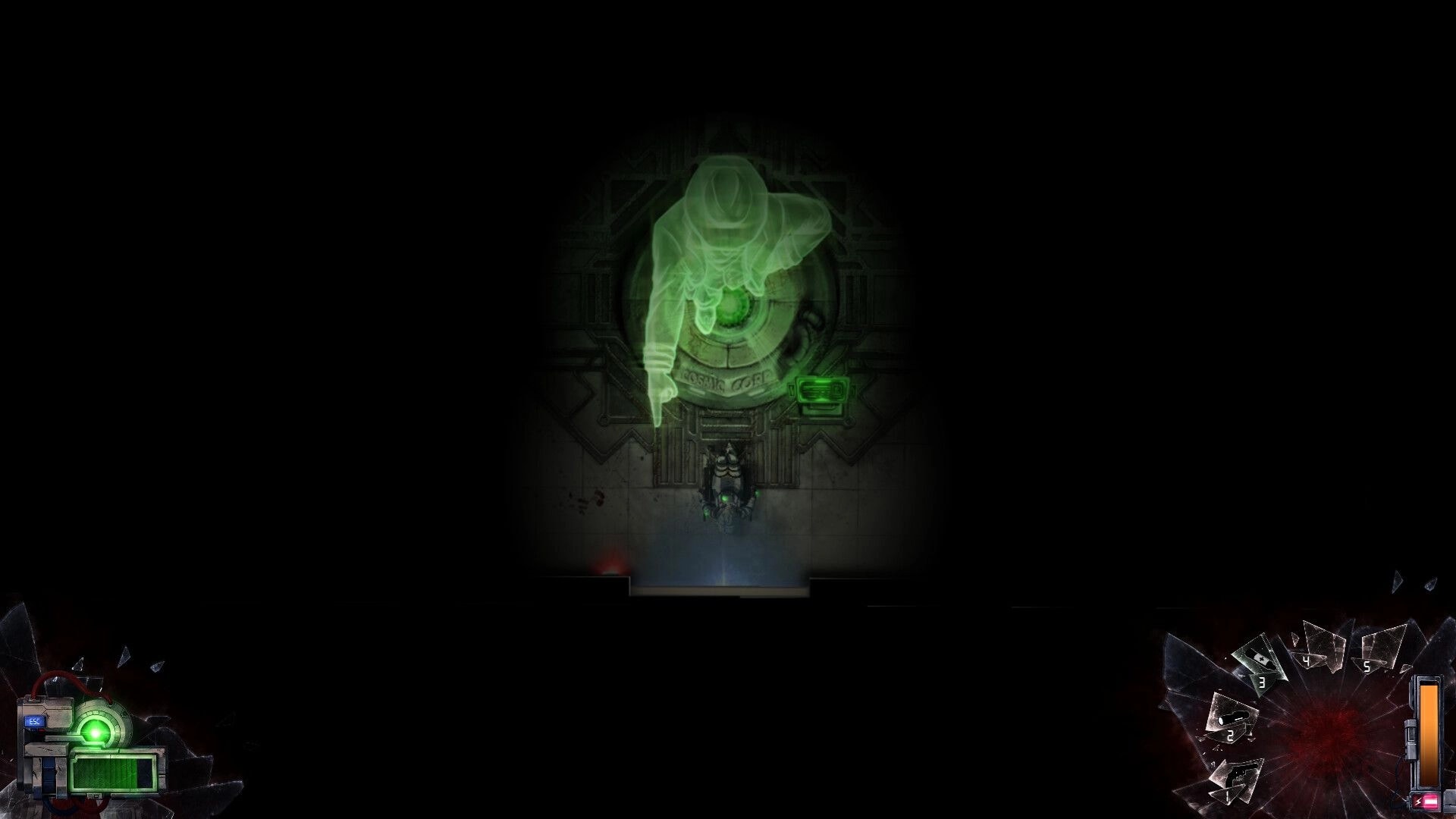 Half Left: Top-down player faces a sealed lab door with a green ghostly figure and HUD meters.