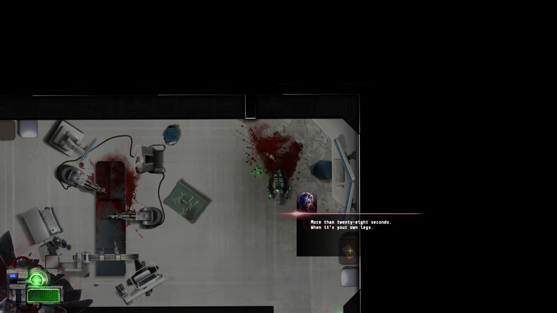 Half Left: Top-down lab room with bloodstains, wheelchair by desk, and dialogue box UI on screen.