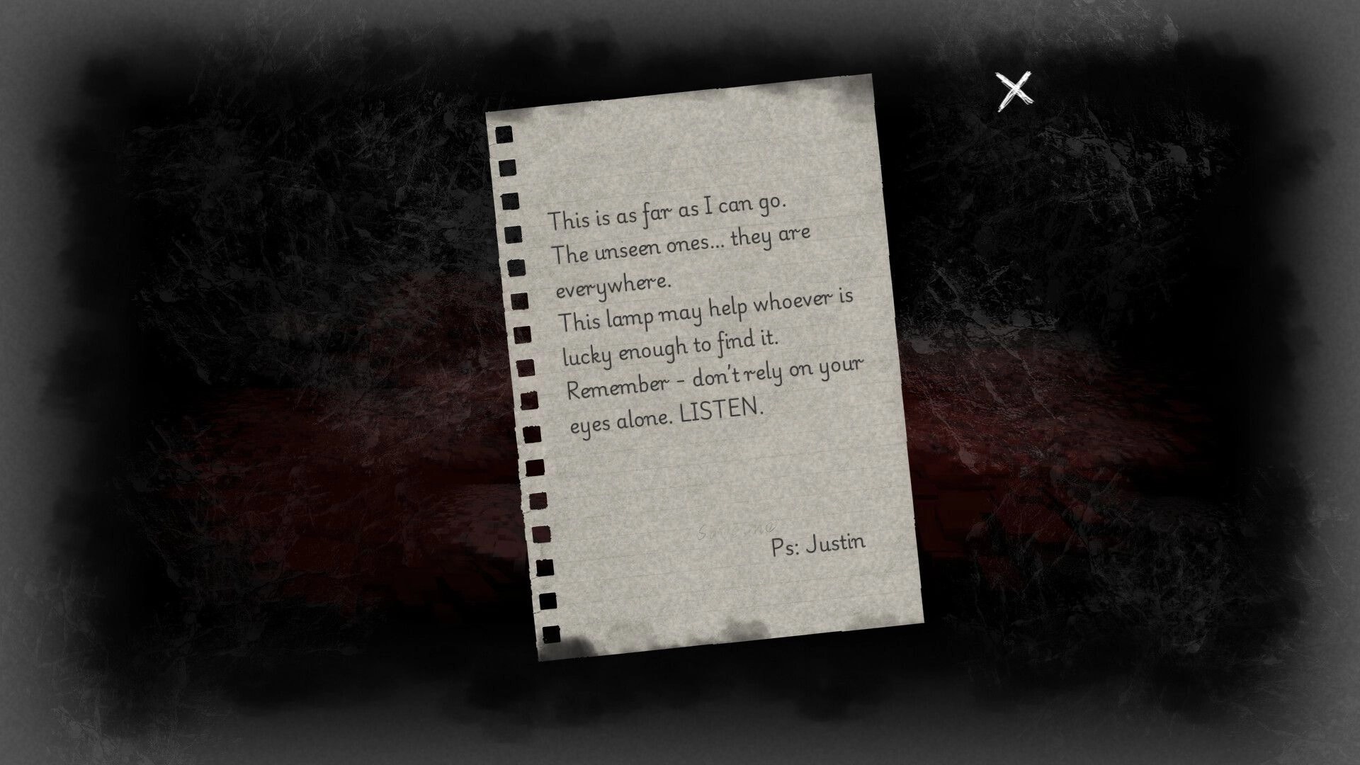 Half Left: Close-up note UI warning about unseen ones and a lamp, with an X close button.