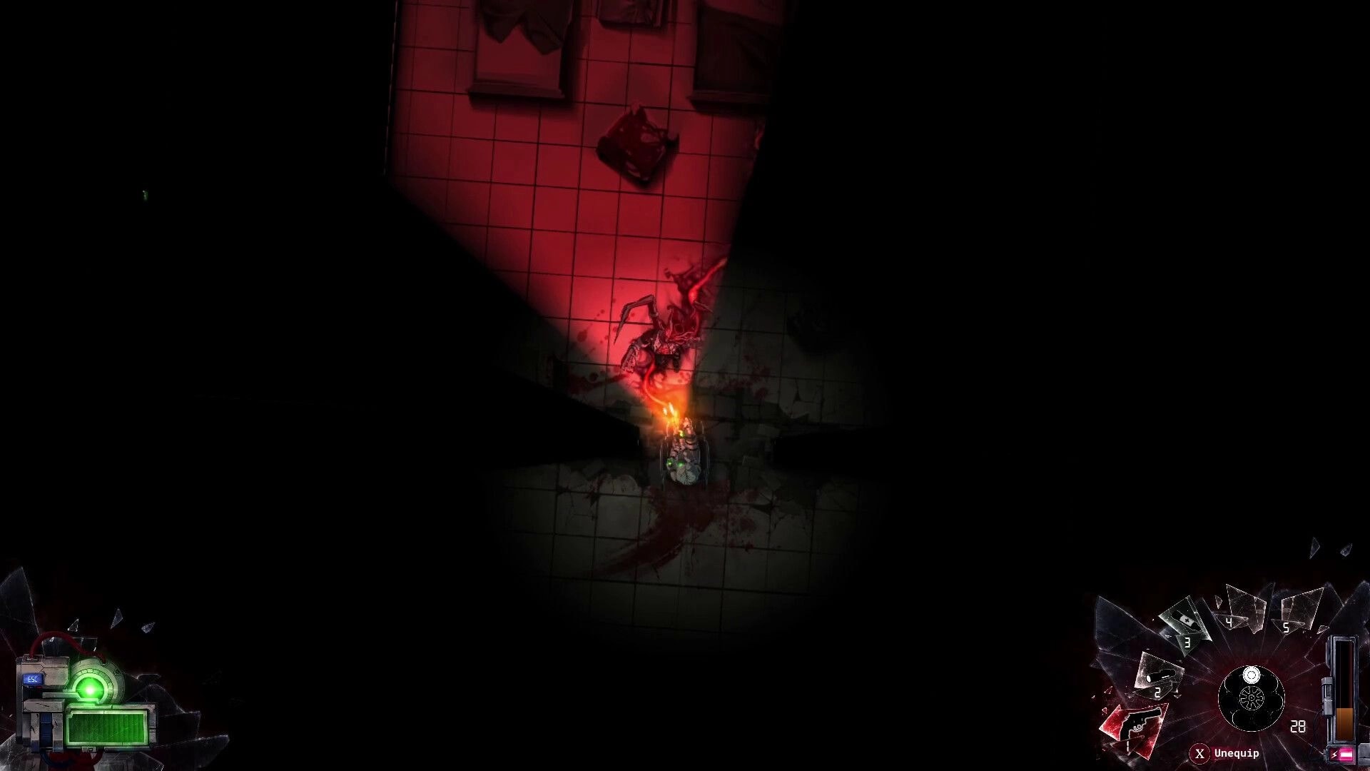 Half Left: Top-down wheelchair survivor burns a spiderlike creature in a blood-smeared tiled lab hall.