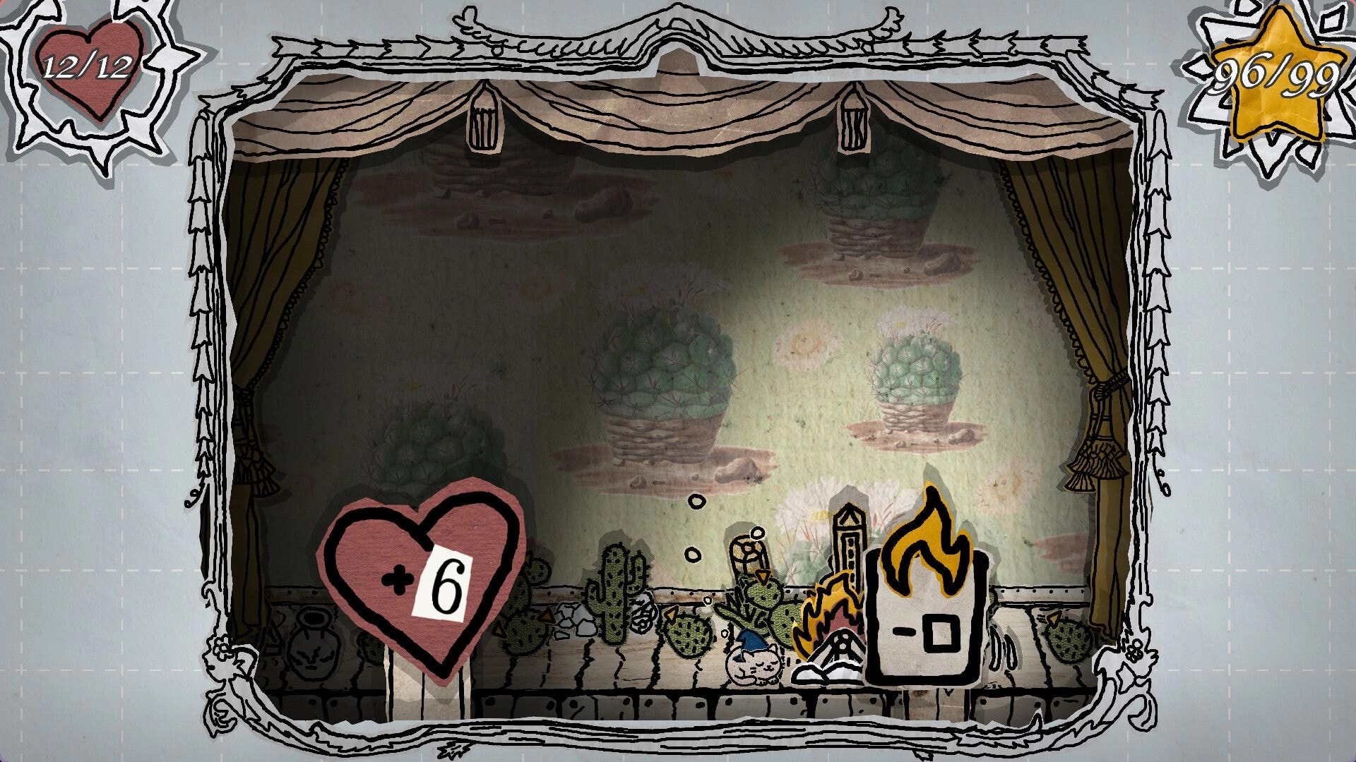 Hand of Hexes: Heart icon with +6, burning tower in a stage-like setting with potted plants