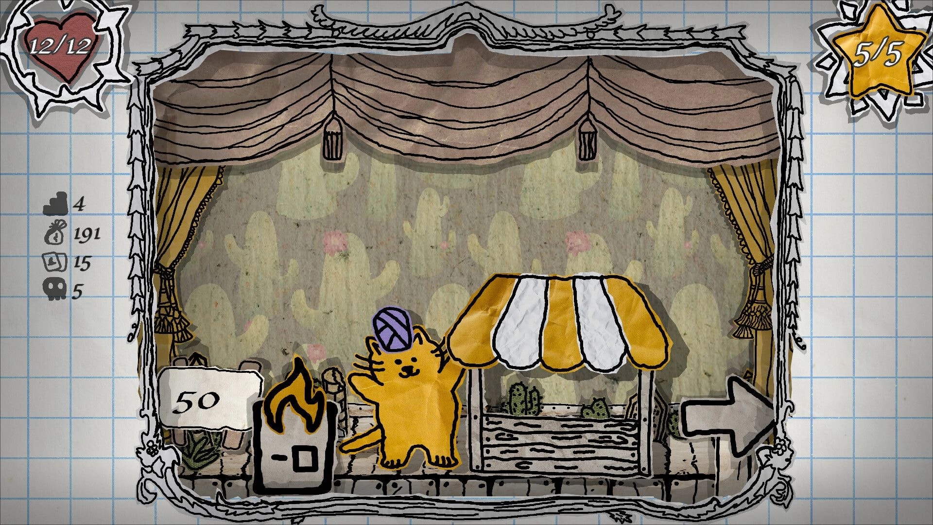 Hand of Hexes: Cartoon cat vendor under canopy with heart and star UI elements in desert backdrop