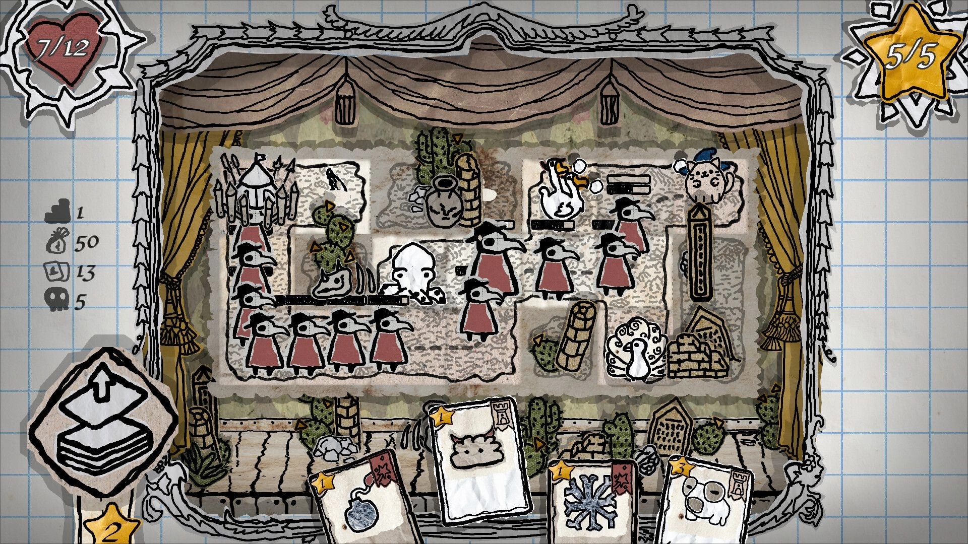 Hand of Hexes: Tower defense stage with enemy hordes, card deck, and health indicators on screen