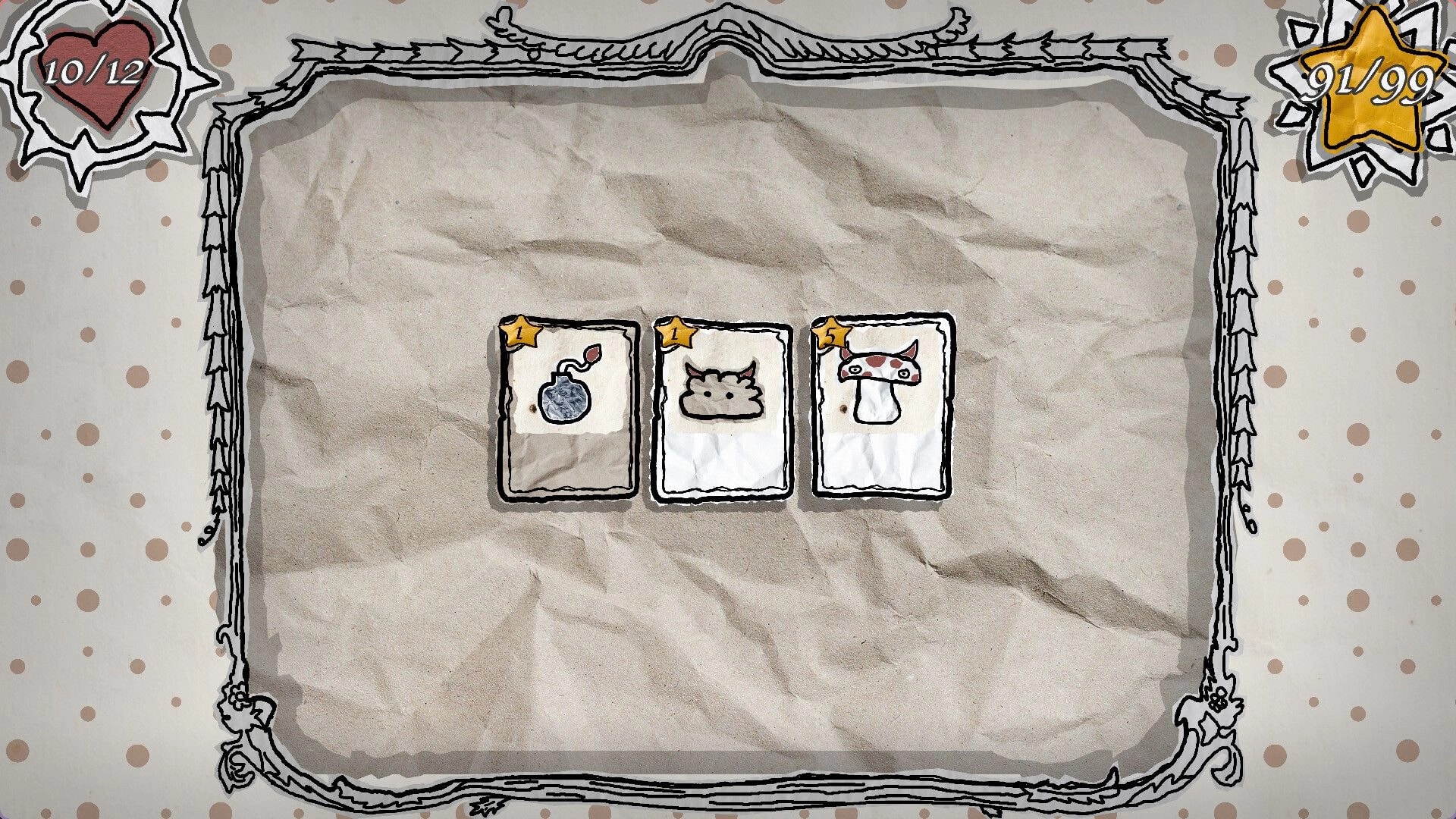 Hand of Hexes: Three cards displayed on parchment background with health and star indicators at corners