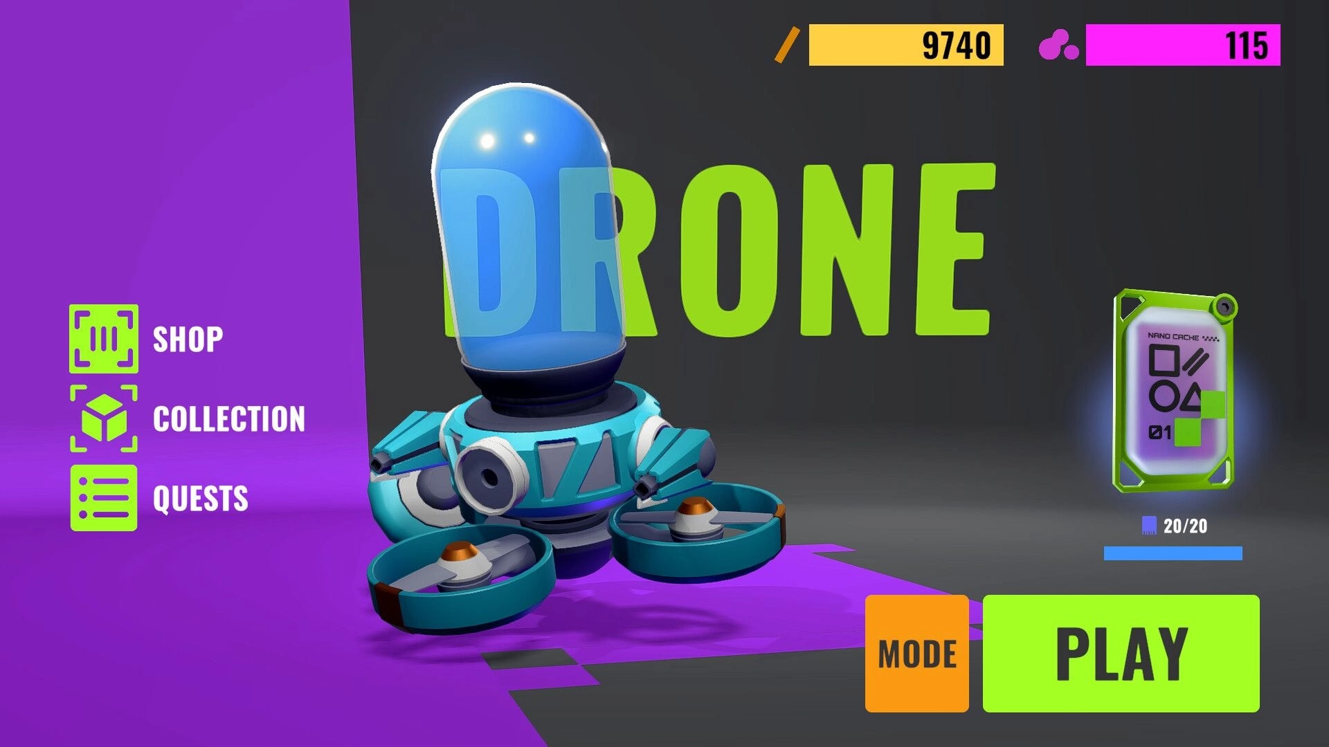 Harpoon Arena: Drone loadout menu with shop, quests, currency counters, and large Play button UI.