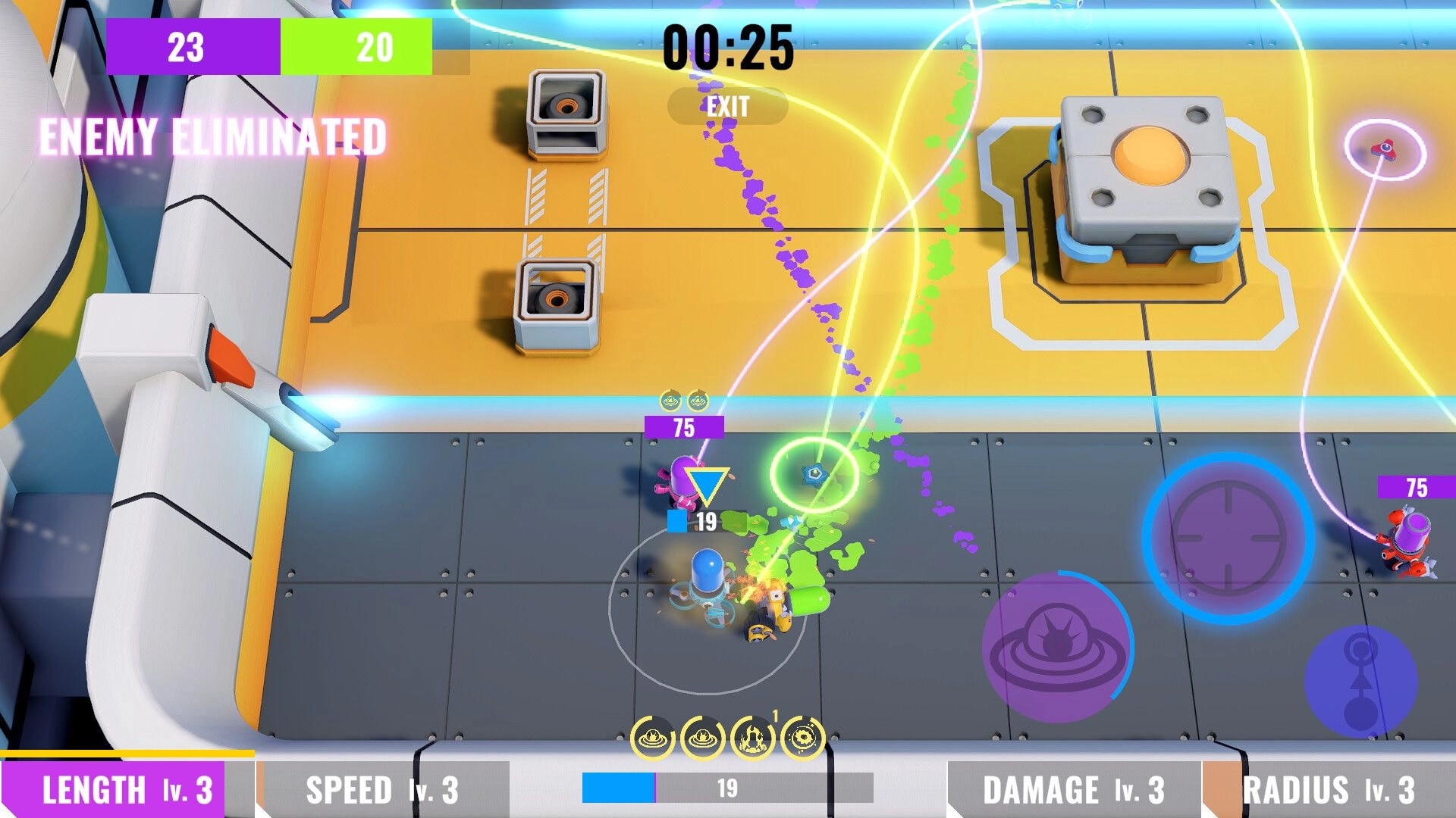 Harpoon Arena: Enemy eliminated banner over two heroes brawling on split arena with timer and scores.