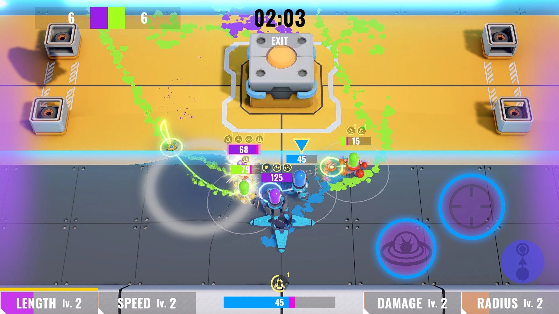 Harpoon Arena: Team brawl with health bars and timer, paint splashes on split arena floor and exit pad.