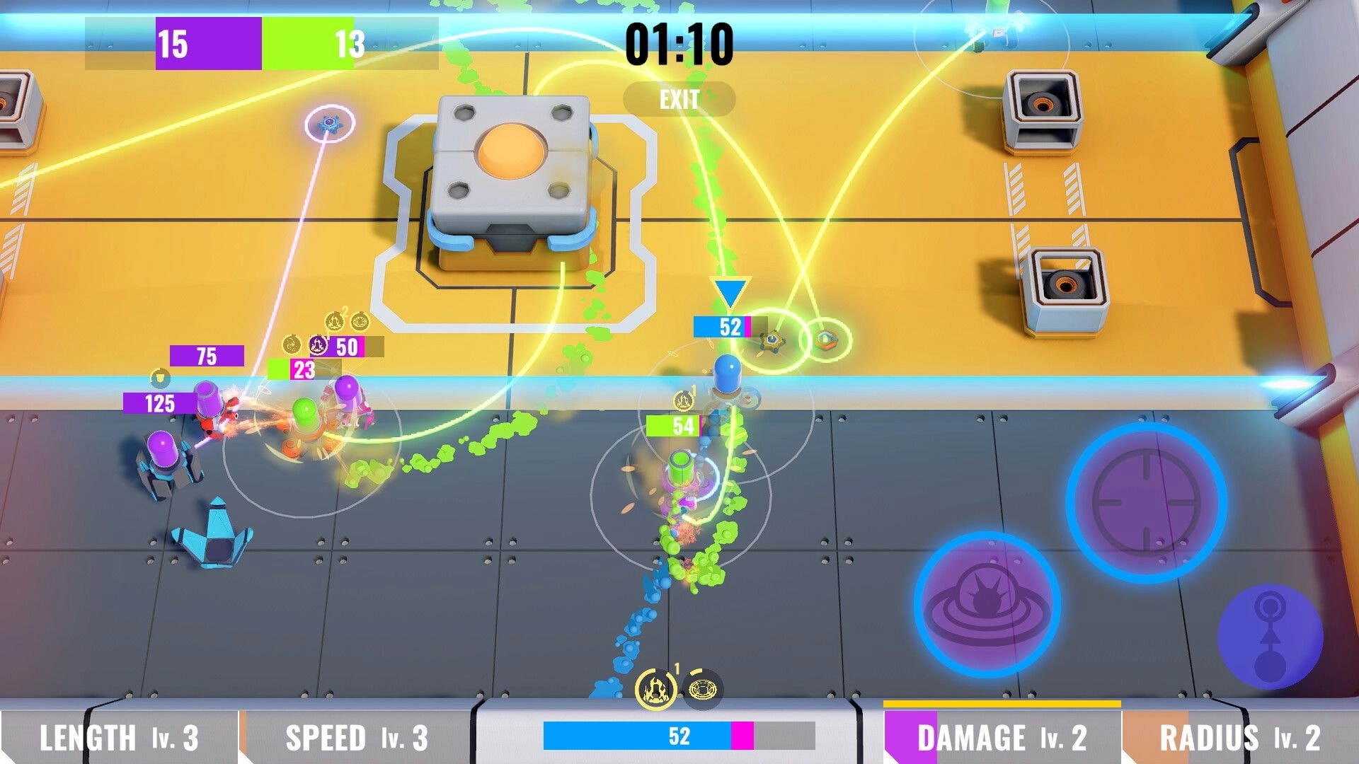 Harpoon Arena: Team firefight across split arena with timer and score UI, arcing harpoon trails visible.